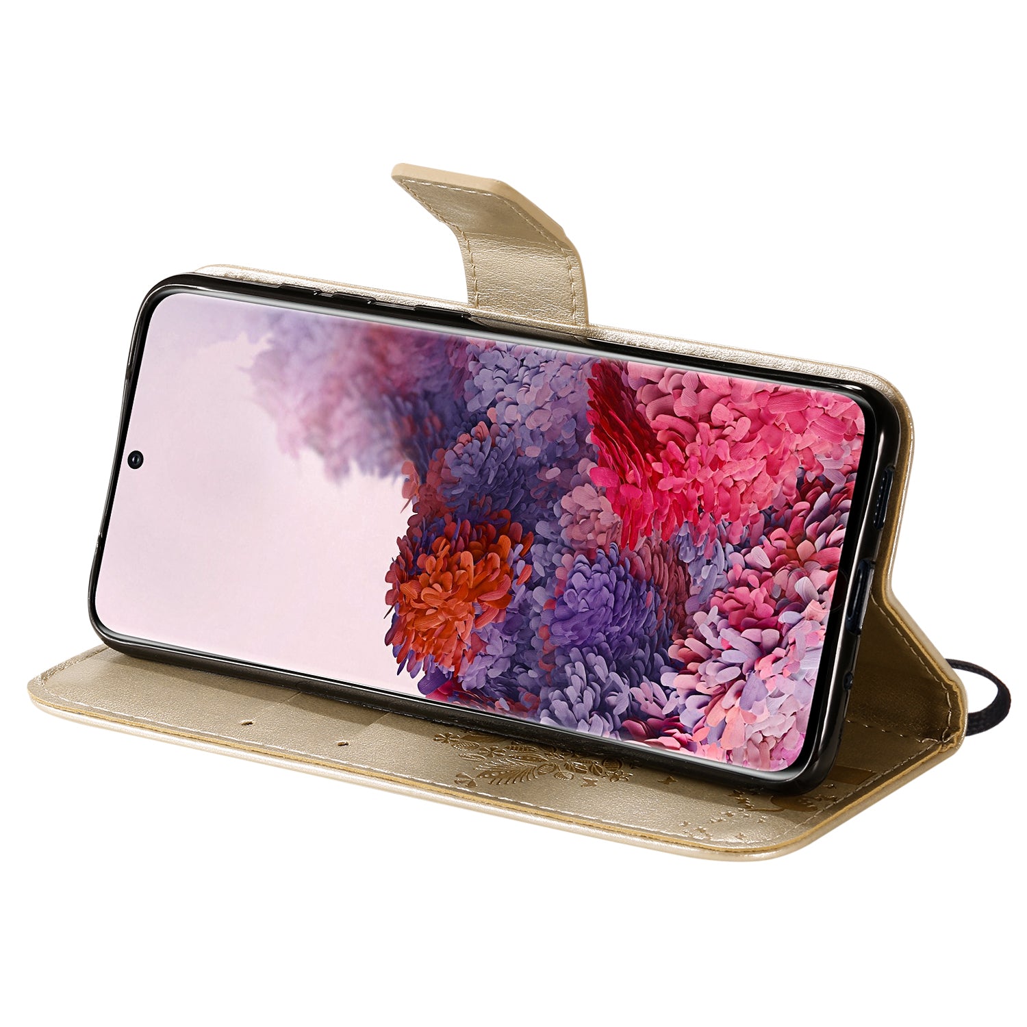 KT Imprinting Flower Series-3 Cat and Tree Imprinting Adjustable Stand Design Leather Cover + TPU Inner Phone Wallet Case for Samsung Galaxy S20 4G/S20 5G - Gold