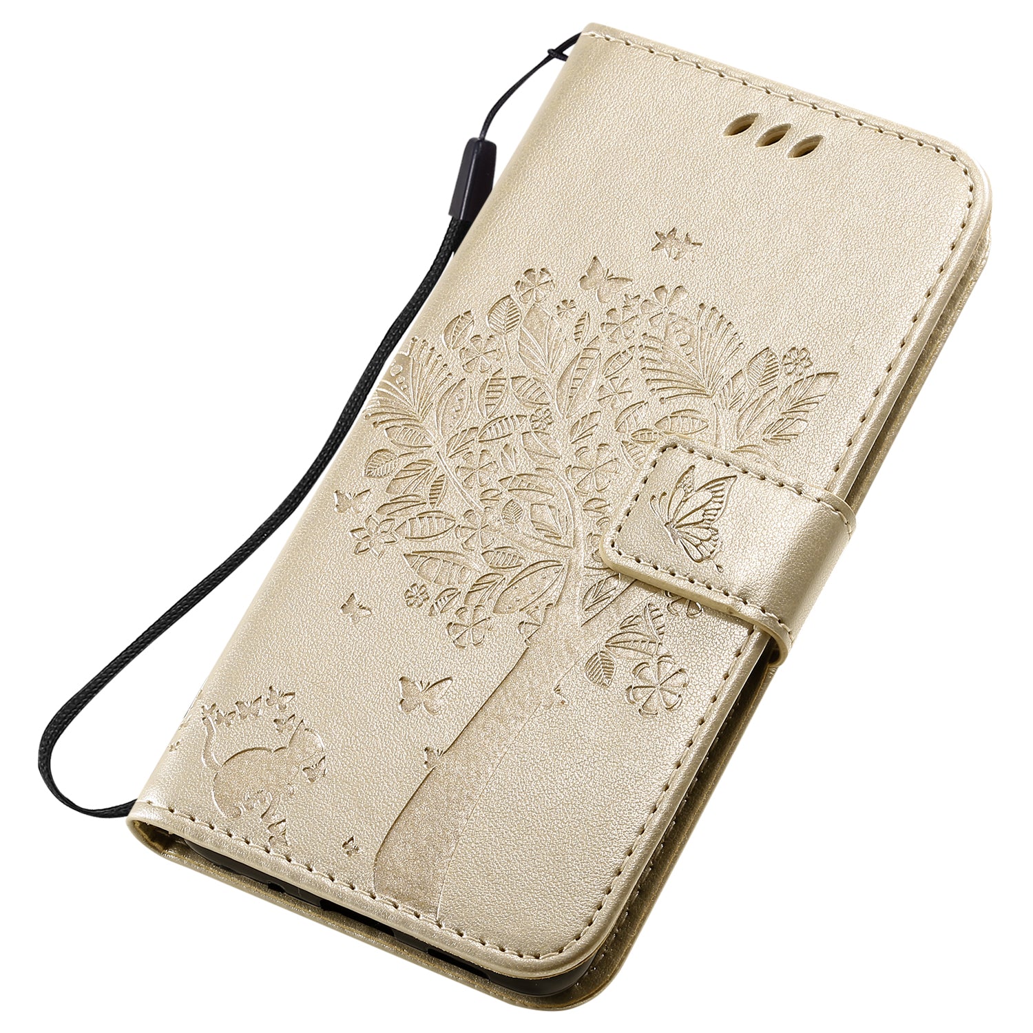 KT Imprinting Flower Series-3 Cat and Tree Imprinting Adjustable Stand Design Leather Cover + TPU Inner Phone Wallet Case for Samsung Galaxy S20 4G/S20 5G - Gold