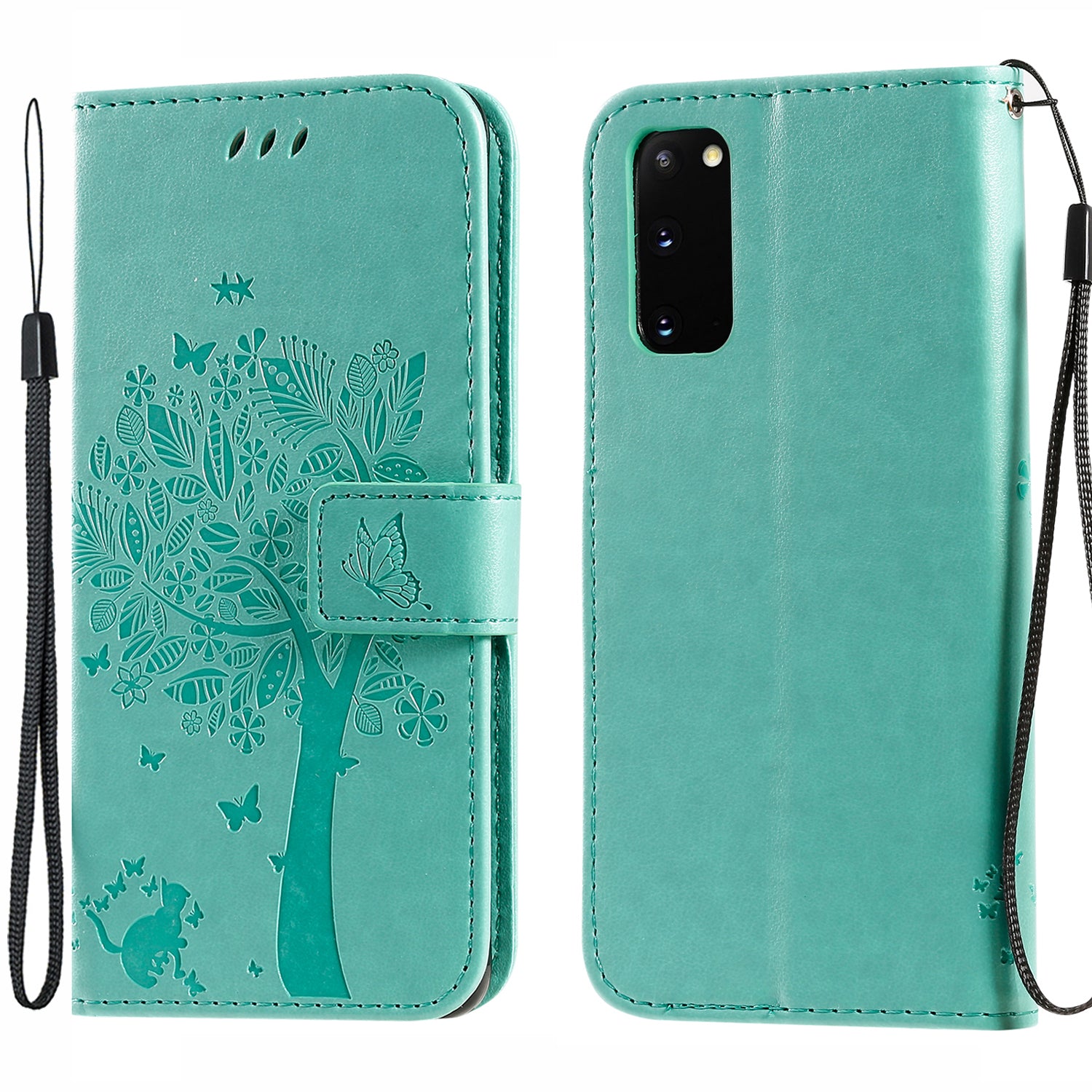 KT Imprinting Flower Series-3 Cat and Tree Imprinting Adjustable Stand Design Leather Cover + TPU Inner Phone Wallet Case for Samsung Galaxy S20 4G/S20 5G - Green