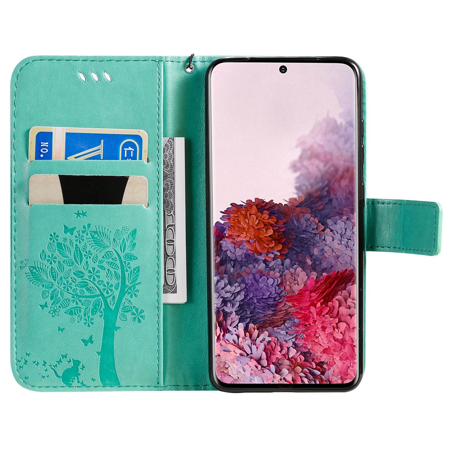 KT Imprinting Flower Series-3 Cat and Tree Imprinting Adjustable Stand Design Leather Cover + TPU Inner Phone Wallet Case for Samsung Galaxy S20 4G/S20 5G - Green