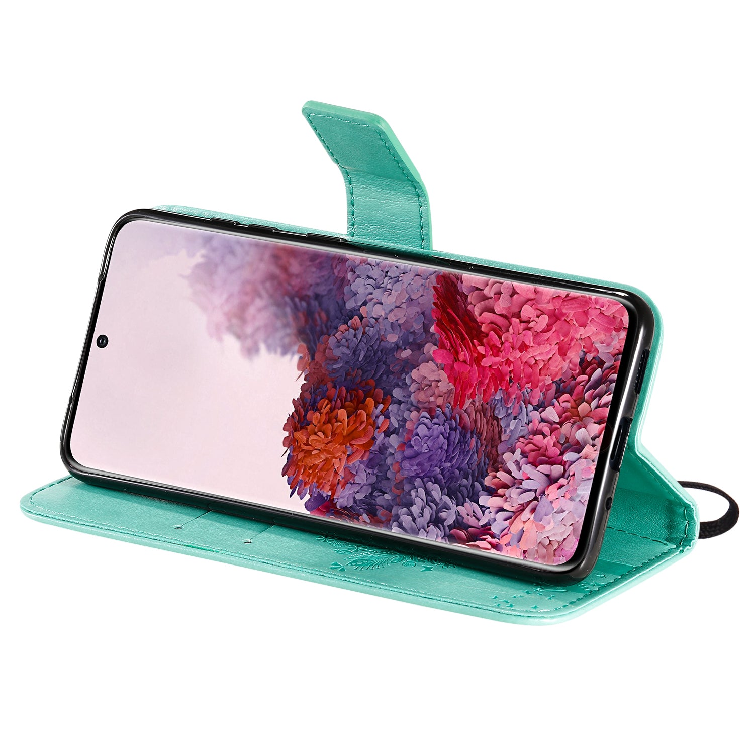 KT Imprinting Flower Series-3 Cat and Tree Imprinting Adjustable Stand Design Leather Cover + TPU Inner Phone Wallet Case for Samsung Galaxy S20 4G/S20 5G - Green