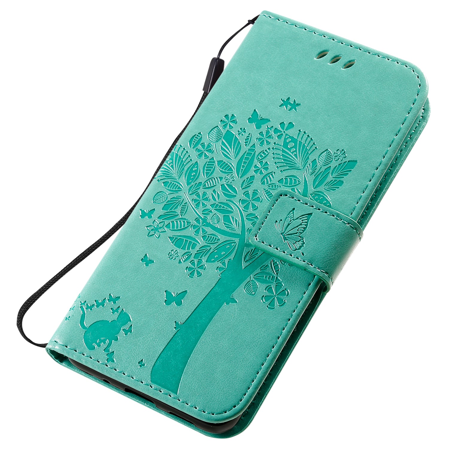 KT Imprinting Flower Series-3 Cat and Tree Imprinting Adjustable Stand Design Leather Cover + TPU Inner Phone Wallet Case for Samsung Galaxy S20 4G/S20 5G - Green