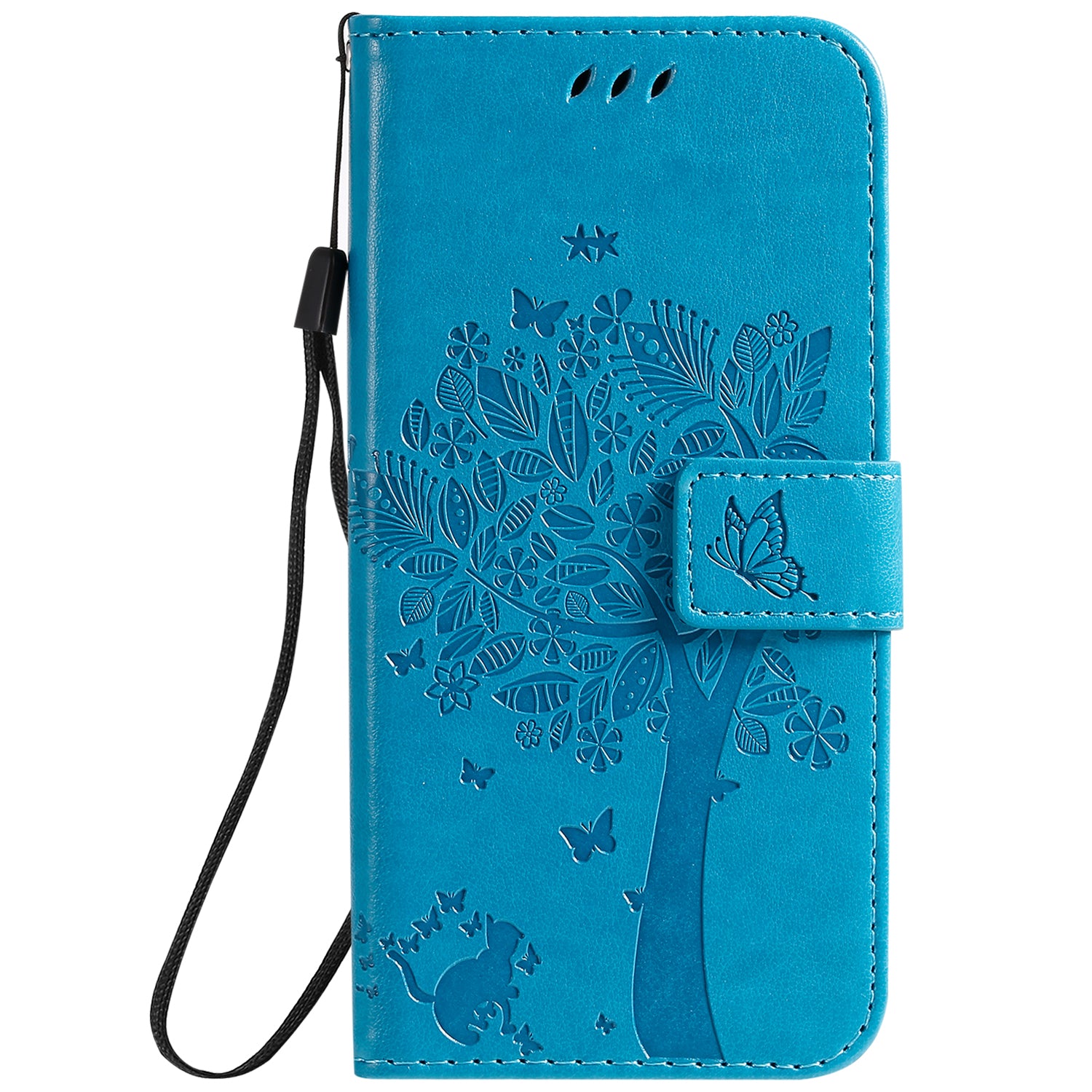 KT Imprinting Flower Series-3 Cat and Tree Imprinting Adjustable Stand Design Leather Cover + TPU Inner Phone Wallet Case for Samsung Galaxy S20 4G/S20 5G - Blue