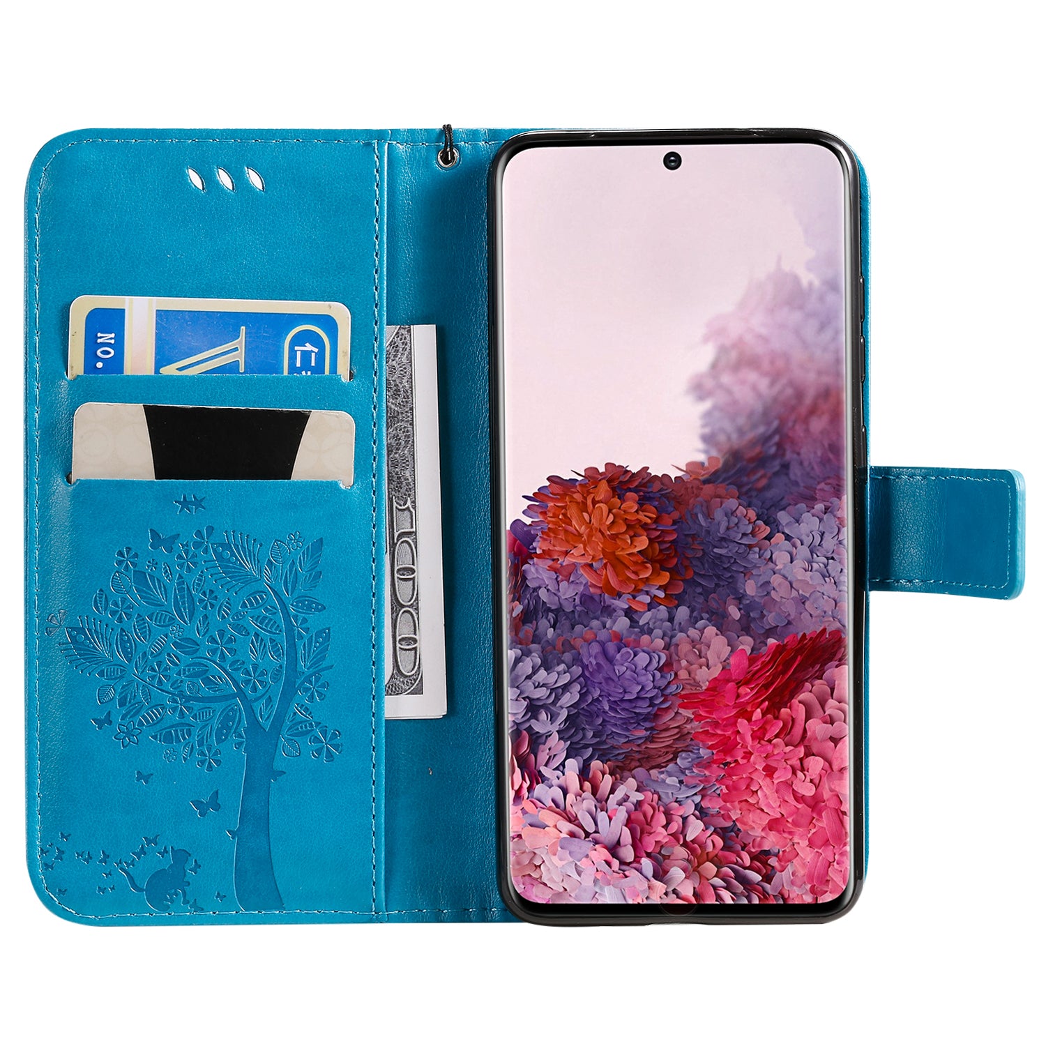 KT Imprinting Flower Series-3 Cat and Tree Imprinting Adjustable Stand Design Leather Cover + TPU Inner Phone Wallet Case for Samsung Galaxy S20 4G/S20 5G - Blue