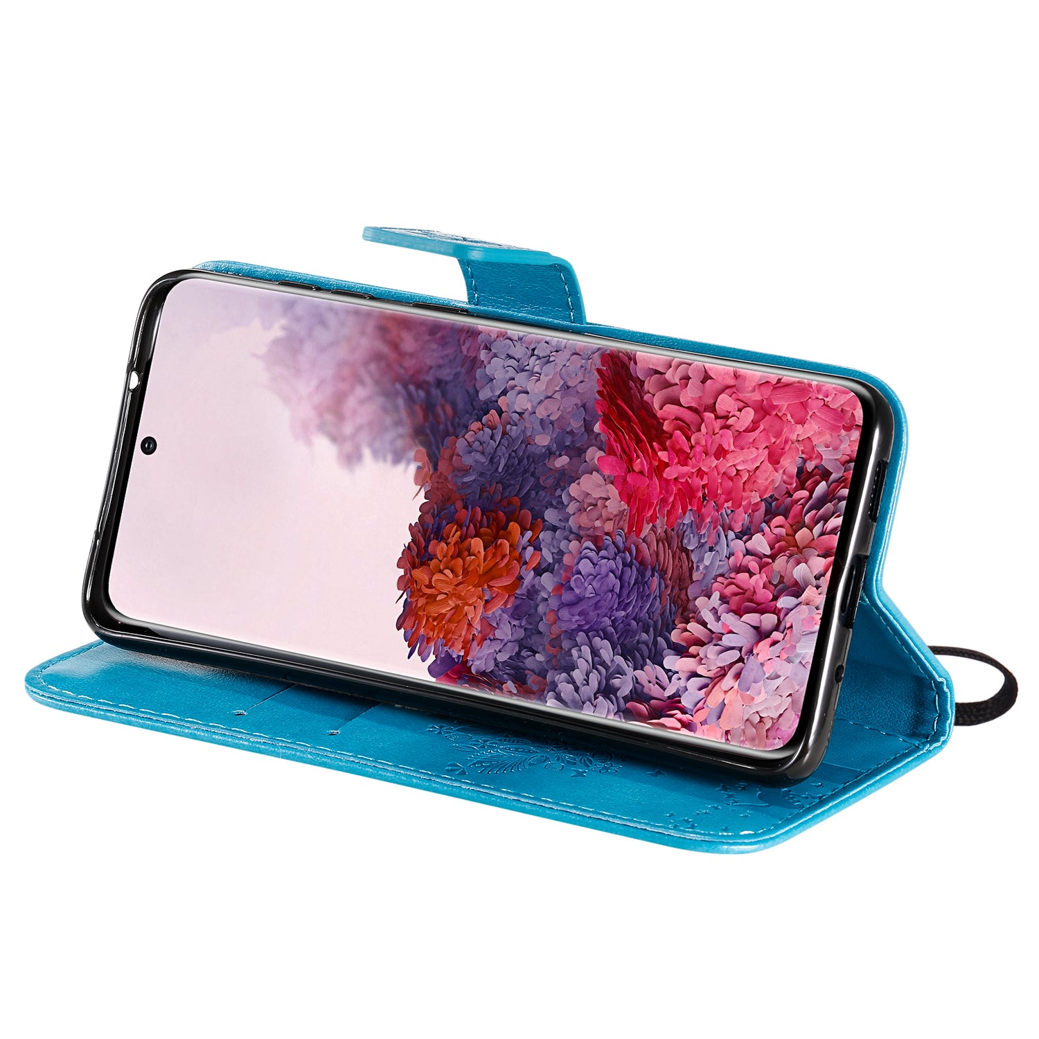 KT Imprinting Flower Series-3 Cat and Tree Imprinting Adjustable Stand Design Leather Cover + TPU Inner Phone Wallet Case for Samsung Galaxy S20 4G/S20 5G - Blue