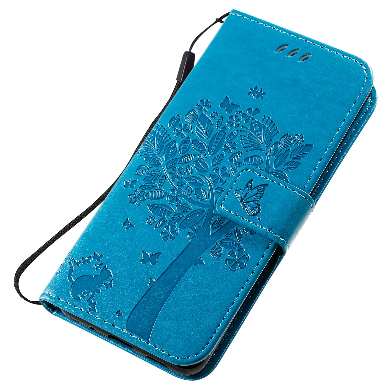 KT Imprinting Flower Series-3 Cat and Tree Imprinting Adjustable Stand Design Leather Cover + TPU Inner Phone Wallet Case for Samsung Galaxy S20 4G/S20 5G - Blue