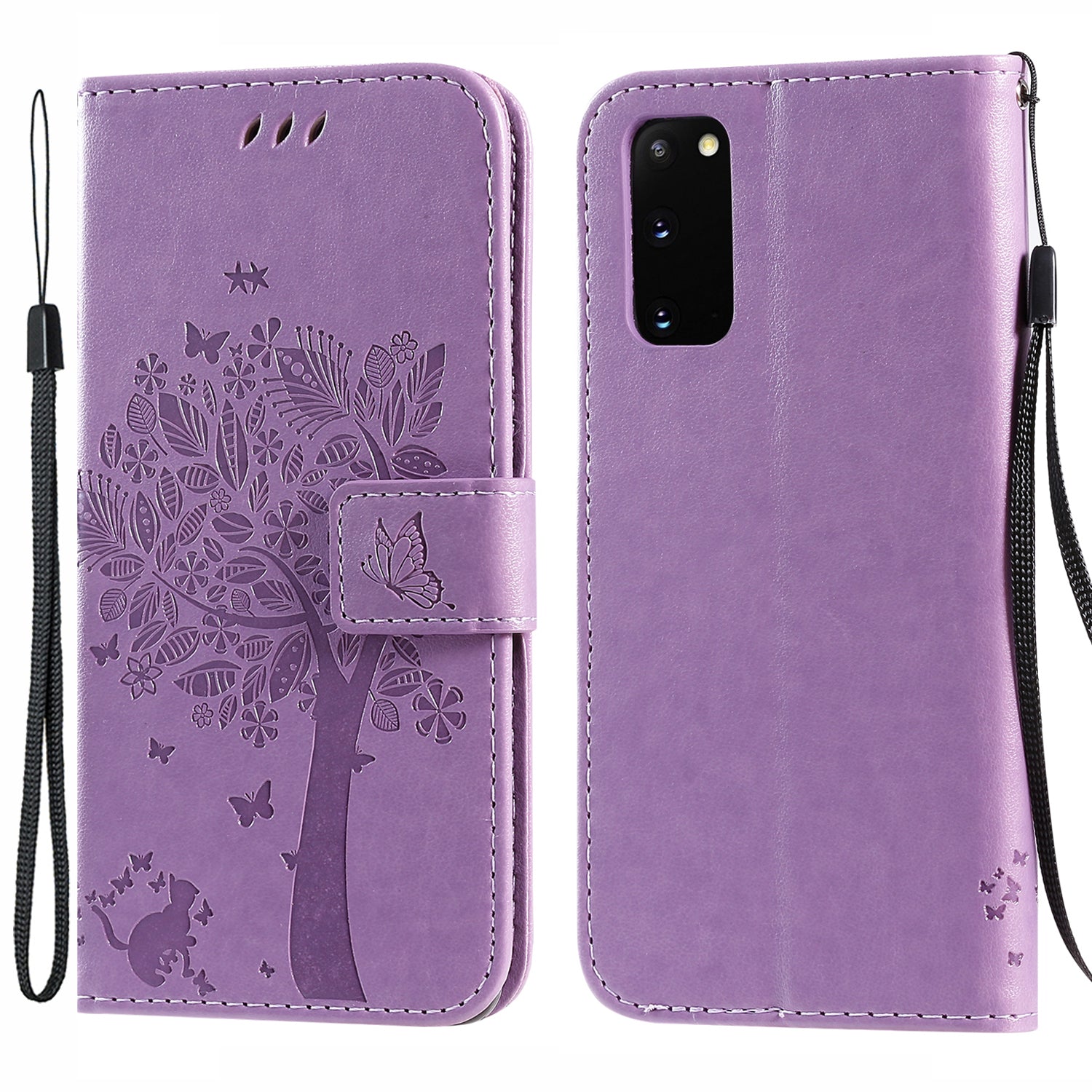 KT Imprinting Flower Series-3 Cat and Tree Imprinting Adjustable Stand Design Leather Cover + TPU Inner Phone Wallet Case for Samsung Galaxy S20 4G/S20 5G - Light Purple