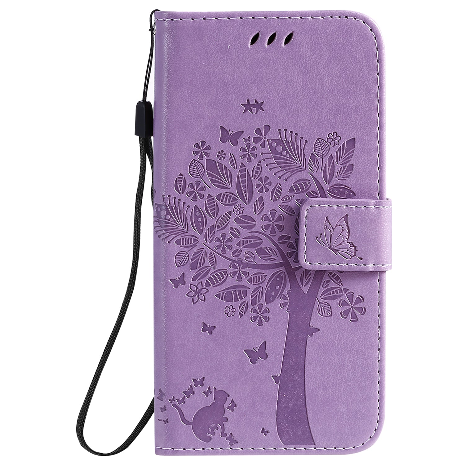 KT Imprinting Flower Series-3 Cat and Tree Imprinting Adjustable Stand Design Leather Cover + TPU Inner Phone Wallet Case for Samsung Galaxy S20 4G/S20 5G - Light Purple