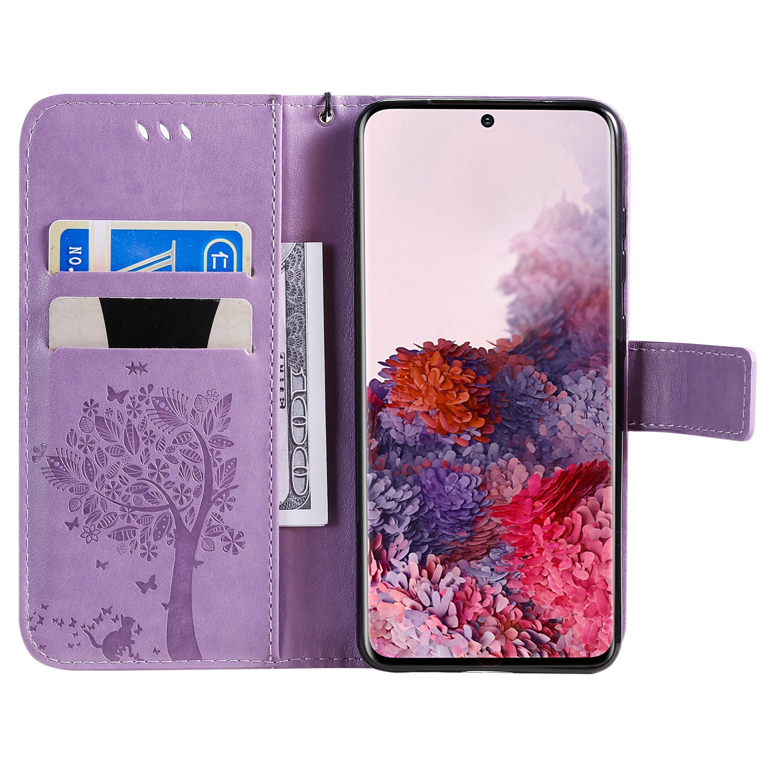 KT Imprinting Flower Series-3 Cat and Tree Imprinting Adjustable Stand Design Leather Cover + TPU Inner Phone Wallet Case for Samsung Galaxy S20 4G/S20 5G - Light Purple