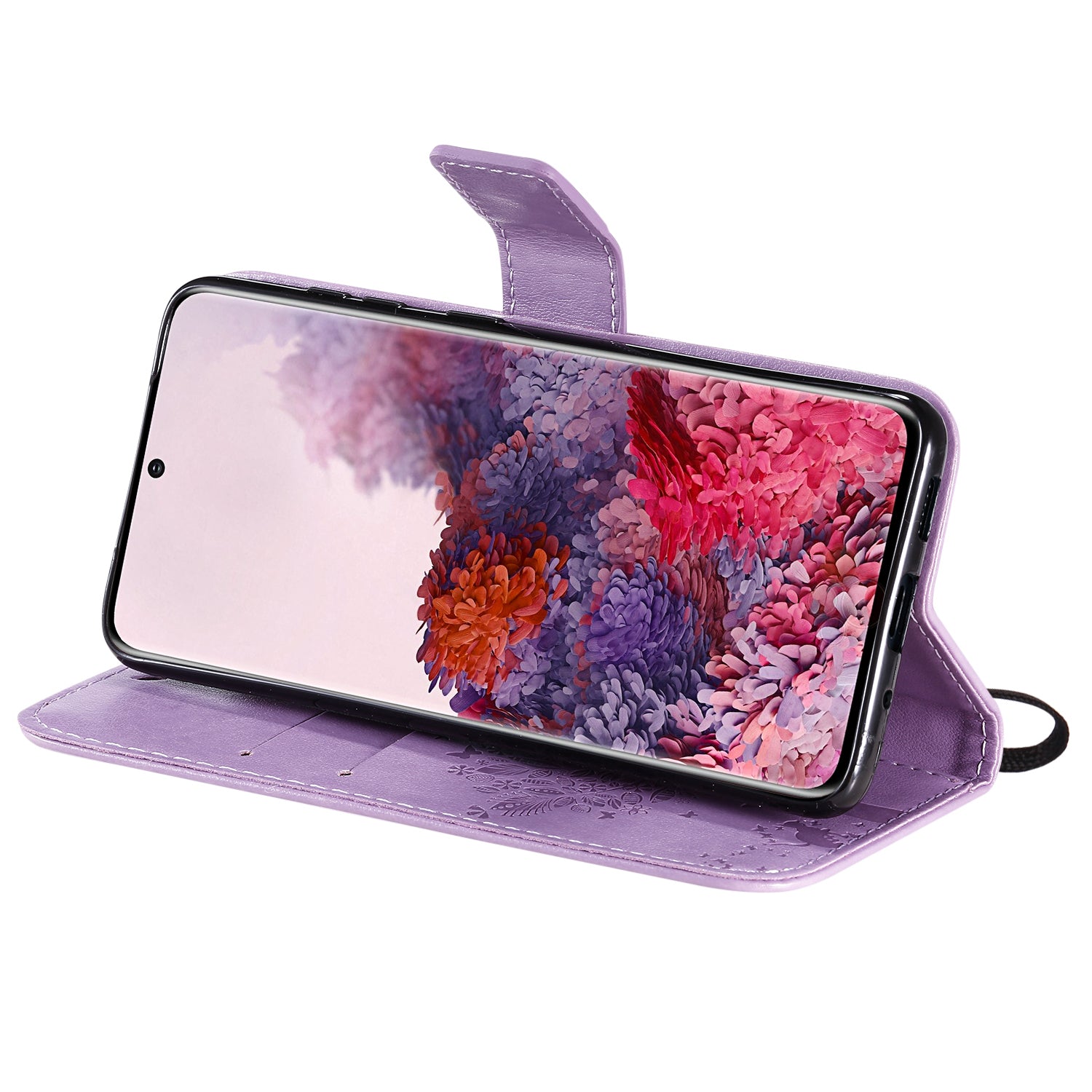 KT Imprinting Flower Series-3 Cat and Tree Imprinting Adjustable Stand Design Leather Cover + TPU Inner Phone Wallet Case for Samsung Galaxy S20 4G/S20 5G - Light Purple