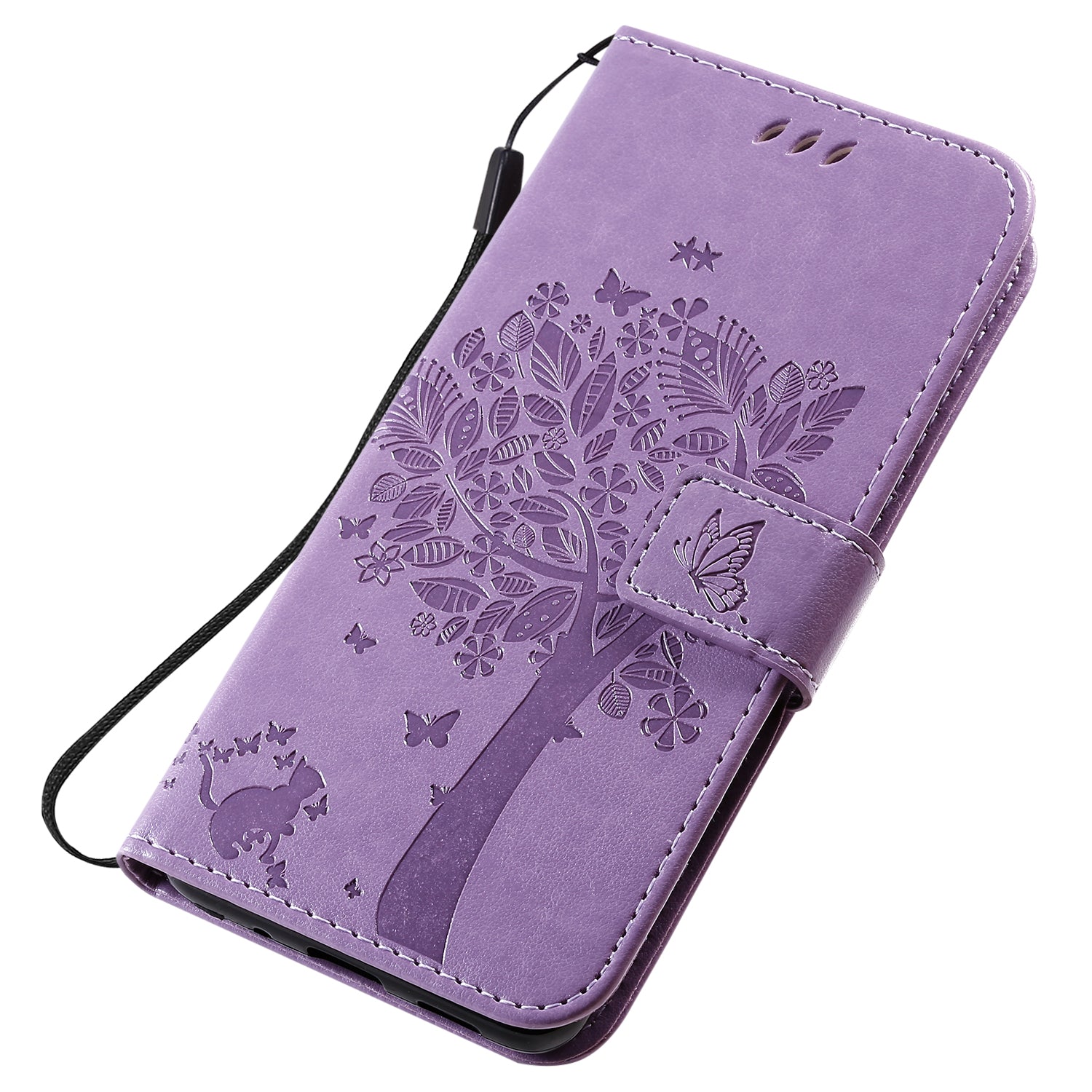 KT Imprinting Flower Series-3 Cat and Tree Imprinting Adjustable Stand Design Leather Cover + TPU Inner Phone Wallet Case for Samsung Galaxy S20 4G/S20 5G - Light Purple