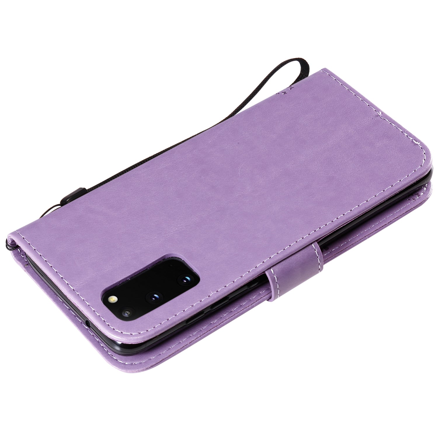 KT Imprinting Flower Series-3 Cat and Tree Imprinting Adjustable Stand Design Leather Cover + TPU Inner Phone Wallet Case for Samsung Galaxy S20 4G/S20 5G - Light Purple