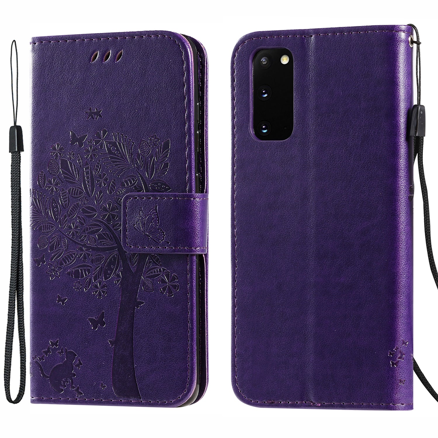 KT Imprinting Flower Series-3 Cat and Tree Imprinting Adjustable Stand Design Leather Cover + TPU Inner Phone Wallet Case for Samsung Galaxy S20 4G/S20 5G - Purple