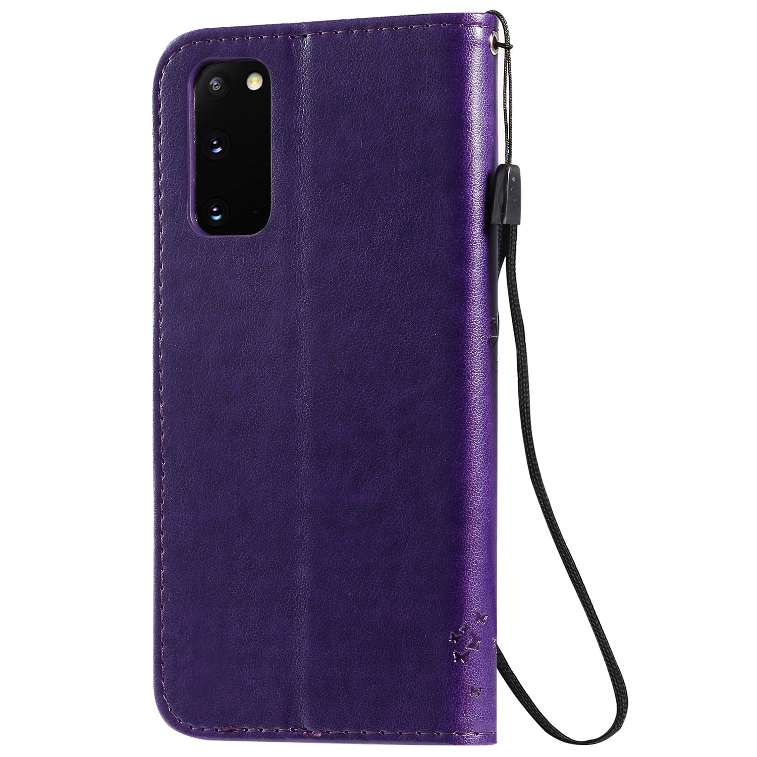 KT Imprinting Flower Series-3 Cat and Tree Imprinting Adjustable Stand Design Leather Cover + TPU Inner Phone Wallet Case for Samsung Galaxy S20 4G/S20 5G - Purple