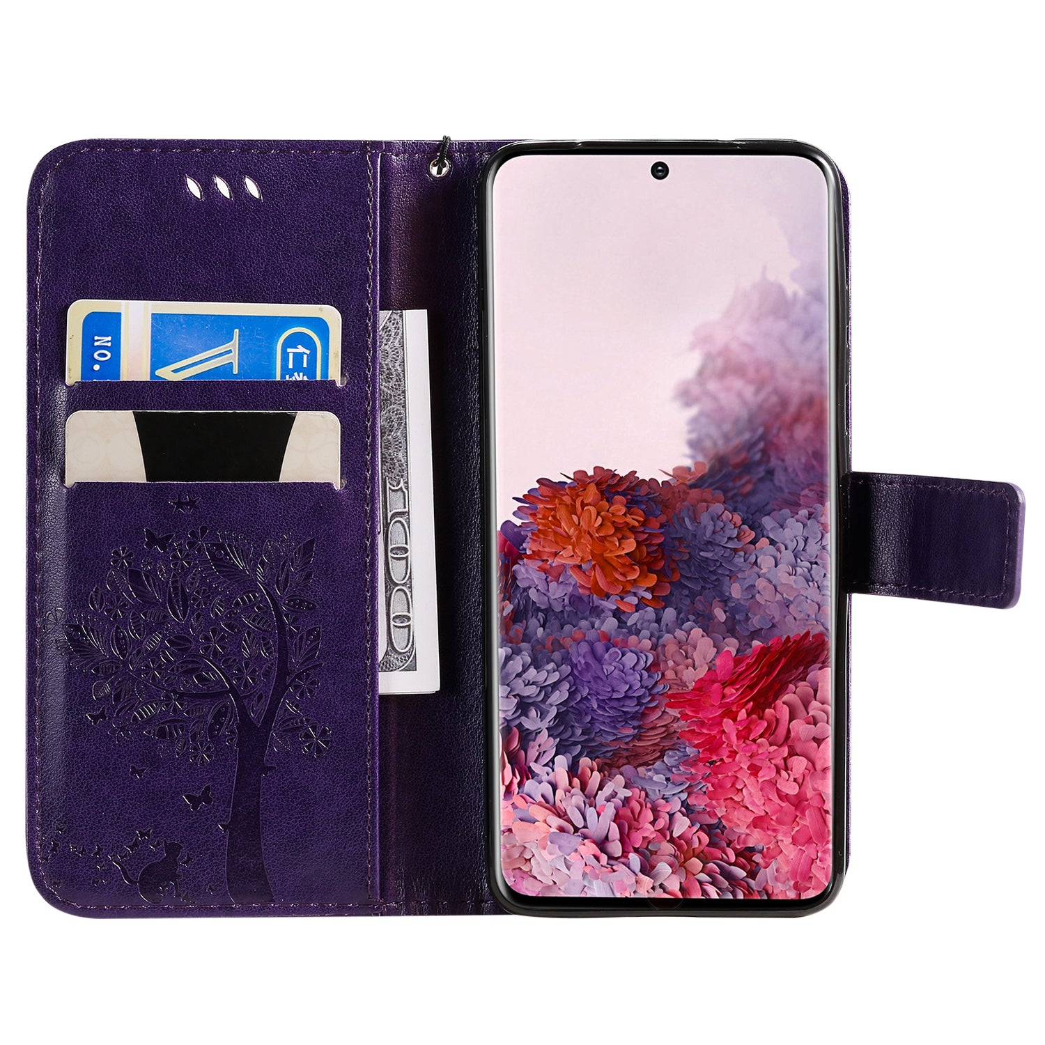 KT Imprinting Flower Series-3 Cat and Tree Imprinting Adjustable Stand Design Leather Cover + TPU Inner Phone Wallet Case for Samsung Galaxy S20 4G/S20 5G - Purple