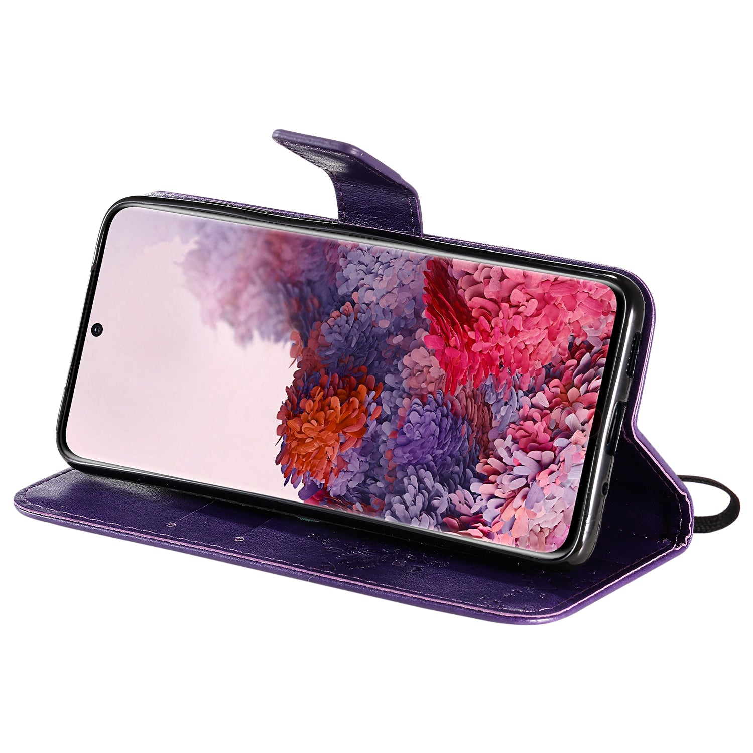 KT Imprinting Flower Series-3 Cat and Tree Imprinting Adjustable Stand Design Leather Cover + TPU Inner Phone Wallet Case for Samsung Galaxy S20 4G/S20 5G - Purple