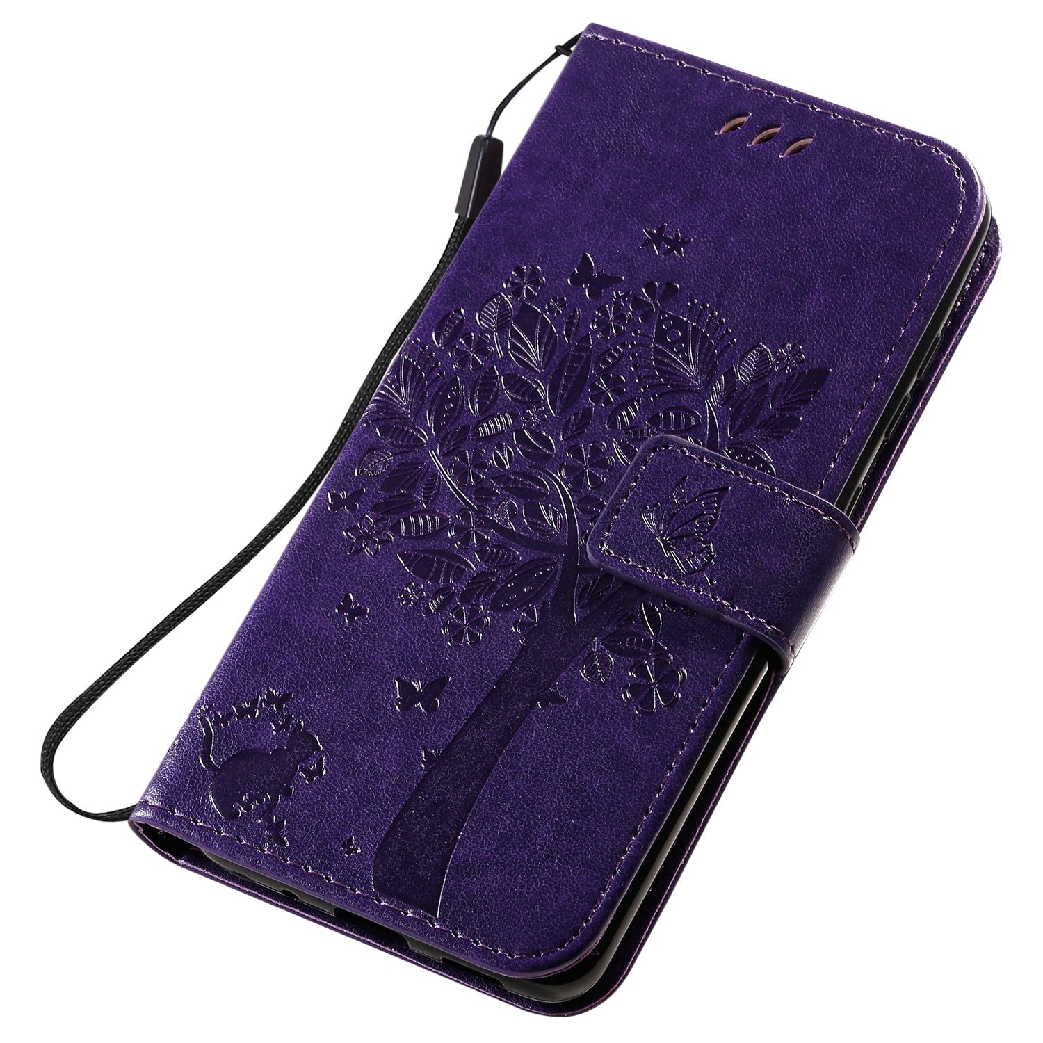 KT Imprinting Flower Series-3 Cat and Tree Imprinting Adjustable Stand Design Leather Cover + TPU Inner Phone Wallet Case for Samsung Galaxy S20 4G/S20 5G - Purple