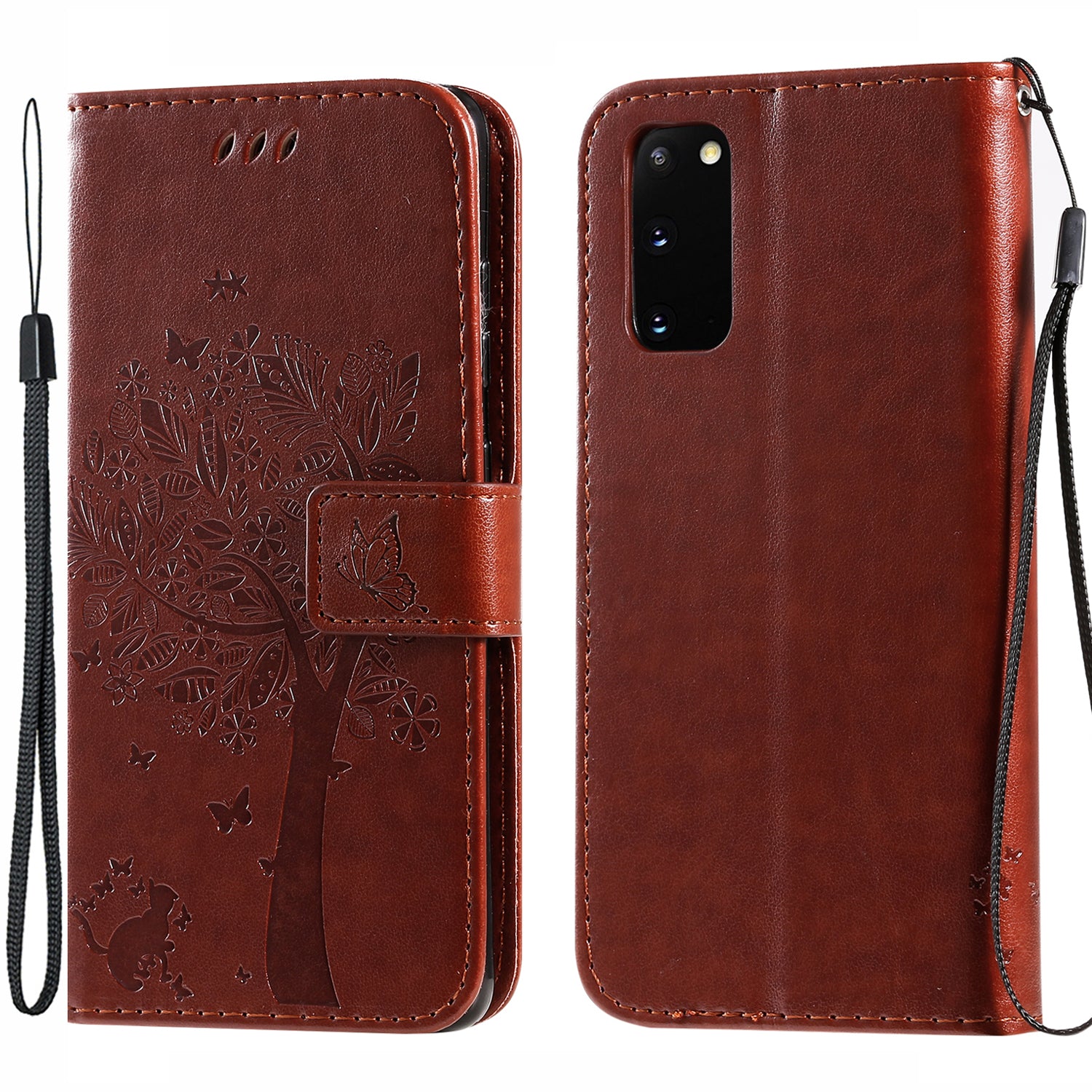 KT Imprinting Flower Series-3 Cat and Tree Imprinting Adjustable Stand Design Leather Cover + TPU Inner Phone Wallet Case for Samsung Galaxy S20 4G/S20 5G - Coffee