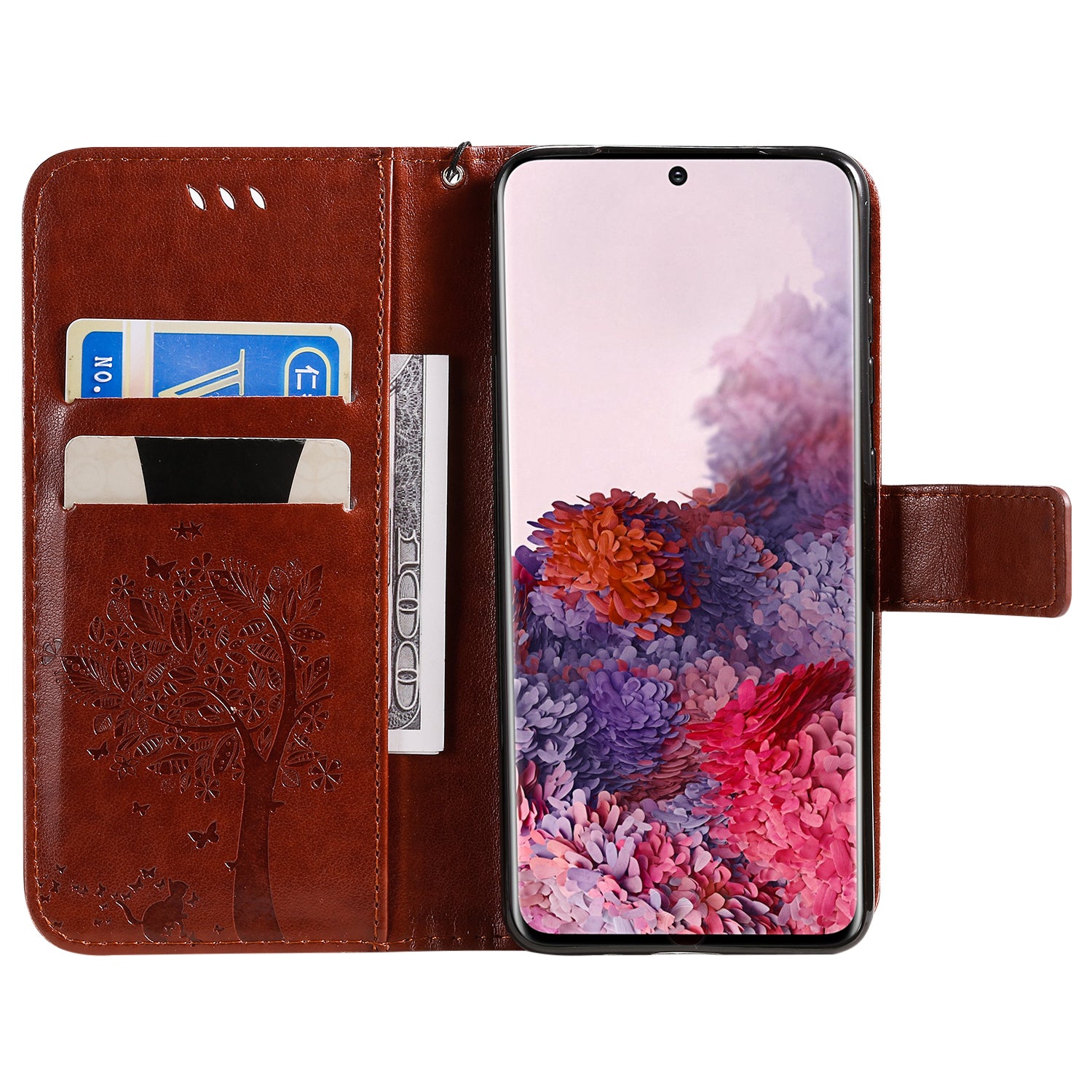 KT Imprinting Flower Series-3 Cat and Tree Imprinting Adjustable Stand Design Leather Cover + TPU Inner Phone Wallet Case for Samsung Galaxy S20 4G/S20 5G - Coffee