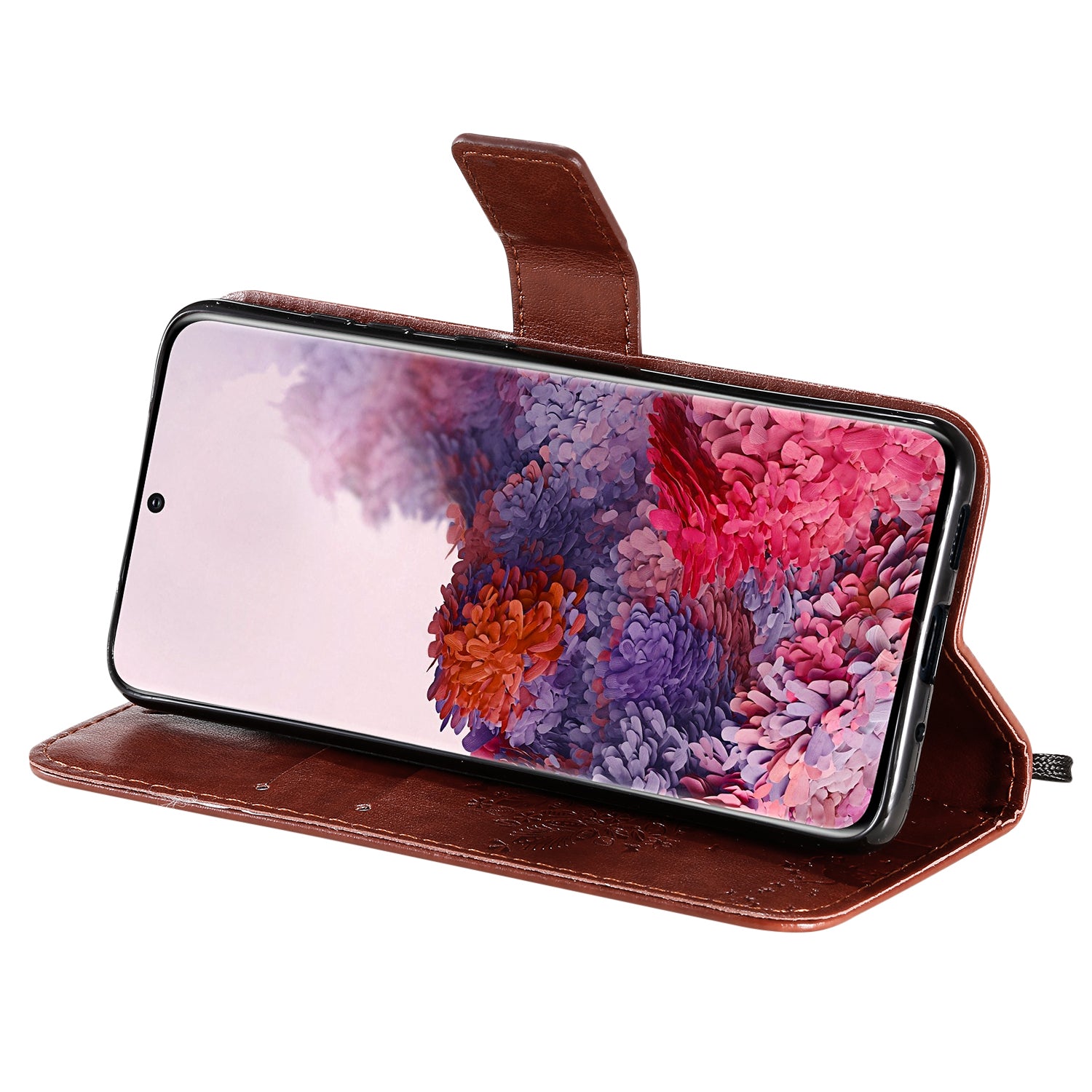 KT Imprinting Flower Series-3 Cat and Tree Imprinting Adjustable Stand Design Leather Cover + TPU Inner Phone Wallet Case for Samsung Galaxy S20 4G/S20 5G - Coffee