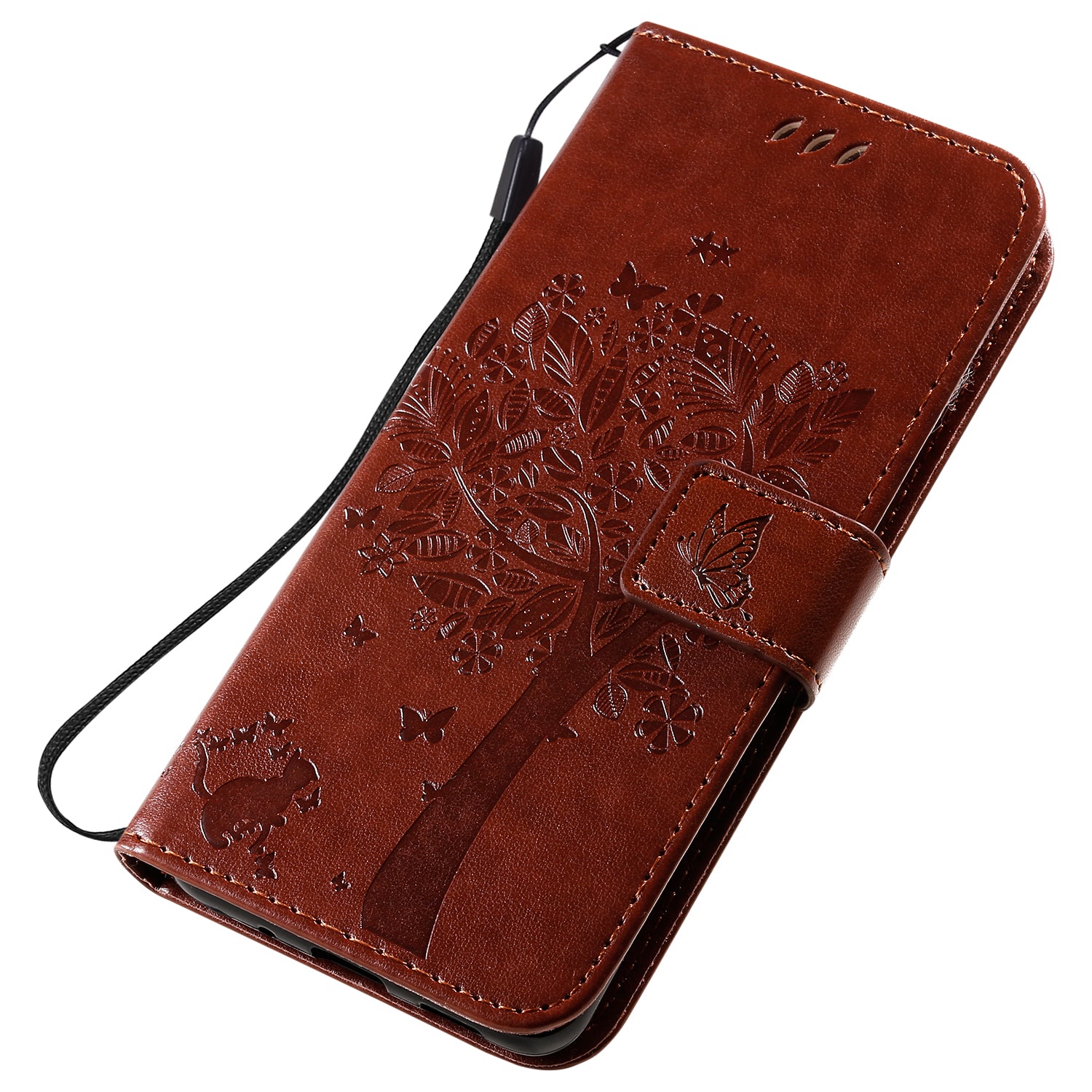 KT Imprinting Flower Series-3 Cat and Tree Imprinting Adjustable Stand Design Leather Cover + TPU Inner Phone Wallet Case for Samsung Galaxy S20 4G/S20 5G - Coffee