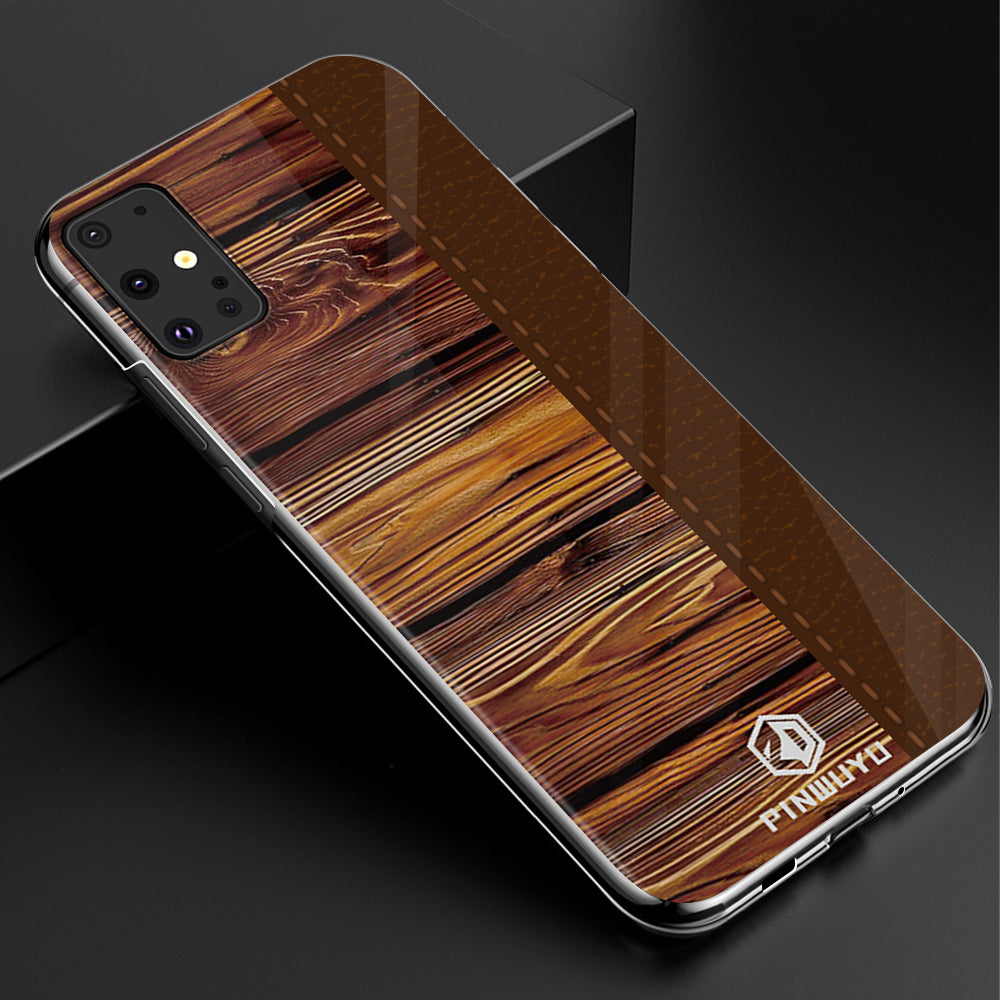 PINWUYO Pin Dun Series Wood Grain Pattern Splicing Protective PC Phone Case Shell for Samsung Galaxy S20 Plus - Brown