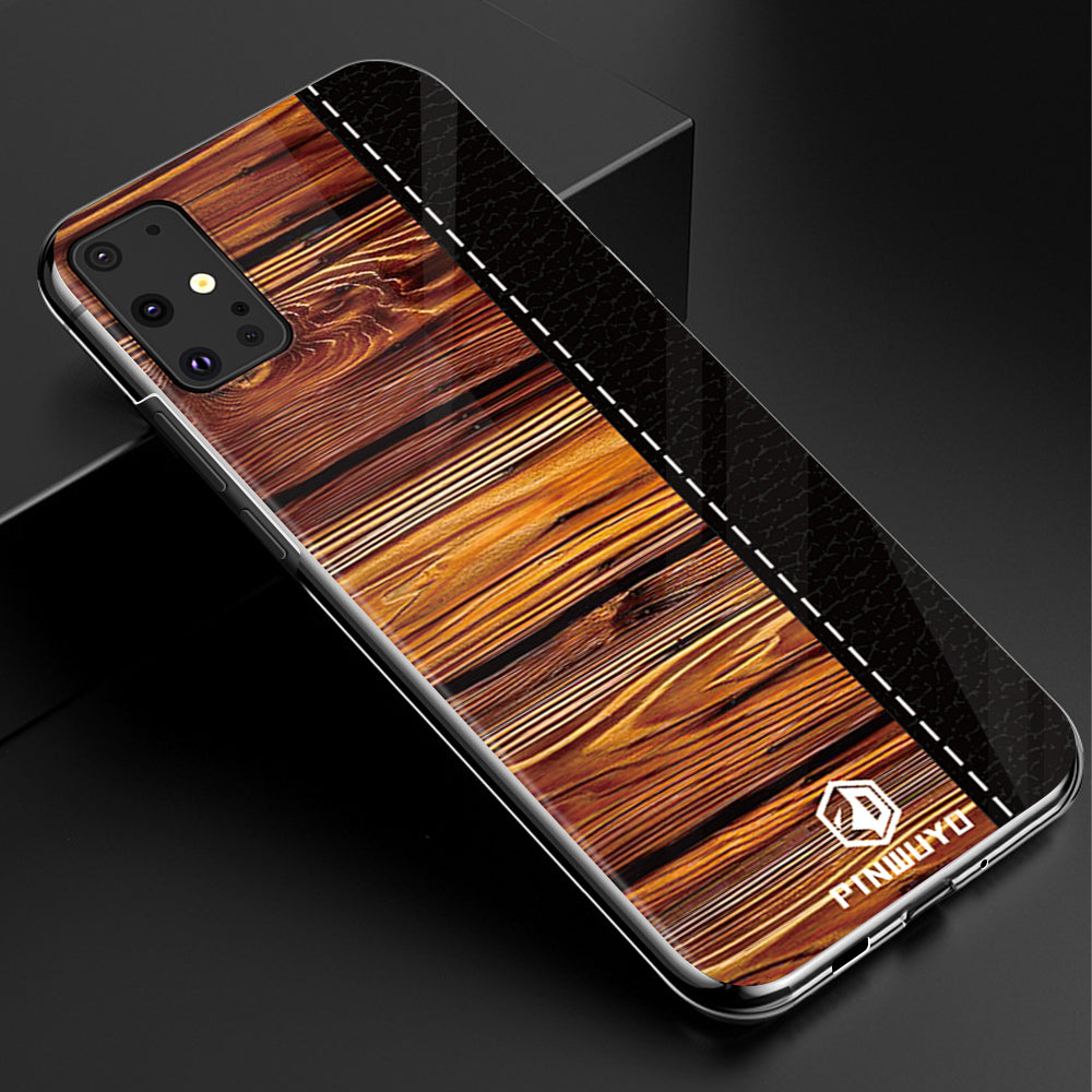 PINWUYO Pin Dun Series Wood Grain Pattern Splicing Protective PC Phone Case Shell for Samsung Galaxy S20 Plus - Black