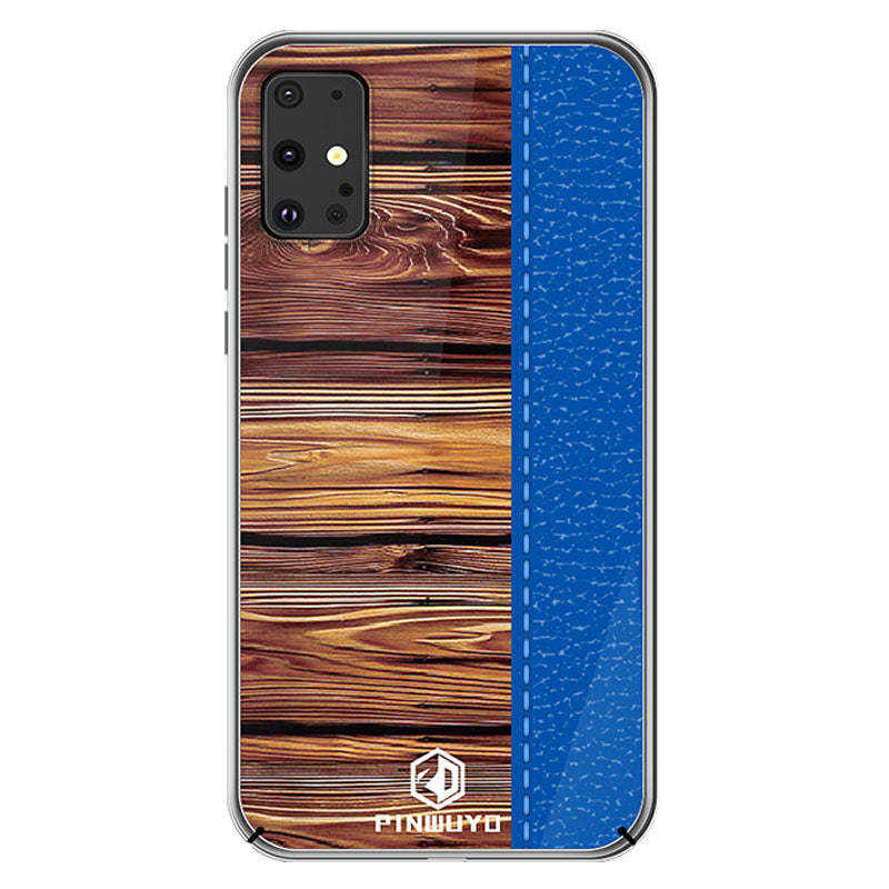 PINWUYO Pin Dun Series Wood Grain Pattern Splicing Protective PC Phone Case Shell for Samsung Galaxy S20 Plus - Blue