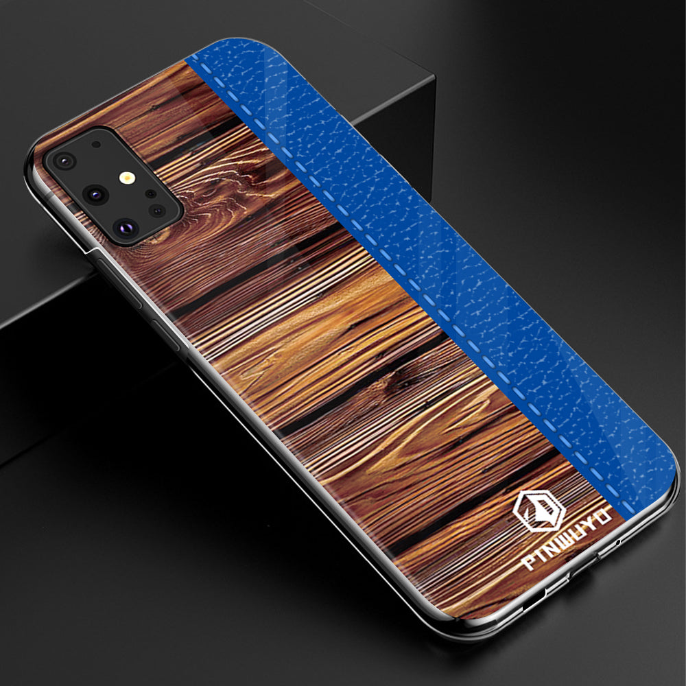 PINWUYO Pin Dun Series Wood Grain Pattern Splicing Protective PC Phone Case Shell for Samsung Galaxy S20 Plus - Blue