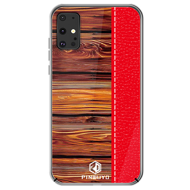 PINWUYO Pin Dun Series Wood Grain Pattern Splicing Protective PC Phone Case Shell for Samsung Galaxy S20 Plus - Red