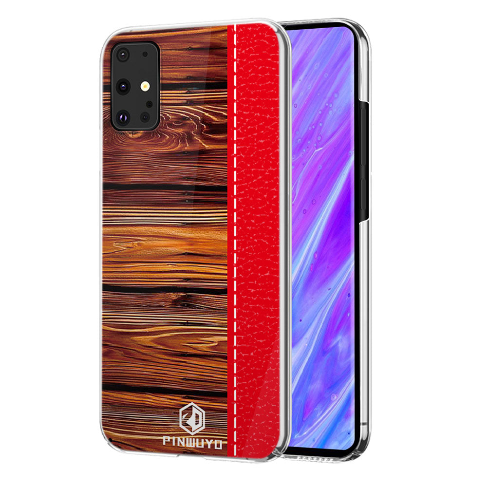 PINWUYO Pin Dun Series Wood Grain Pattern Splicing Protective PC Phone Case Shell for Samsung Galaxy S20 Plus - Red