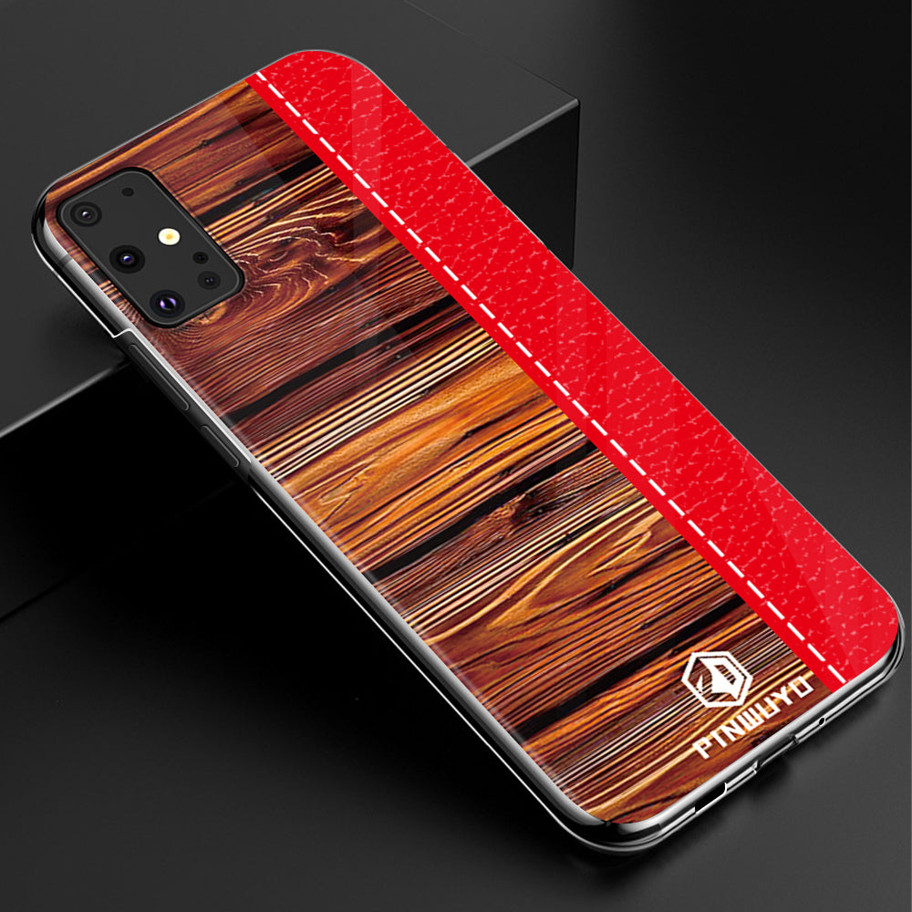 PINWUYO Pin Dun Series Wood Grain Pattern Splicing Protective PC Phone Case Shell for Samsung Galaxy S20 Plus - Red