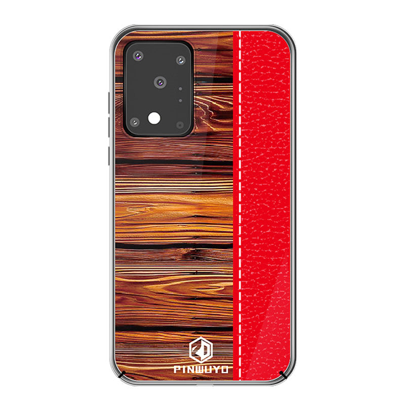 PINWUYO Pin Dun Series Wood Grain Splicing Hard PC Phone Back Case Protector for Samsung Galaxy S20 Ultra - Red