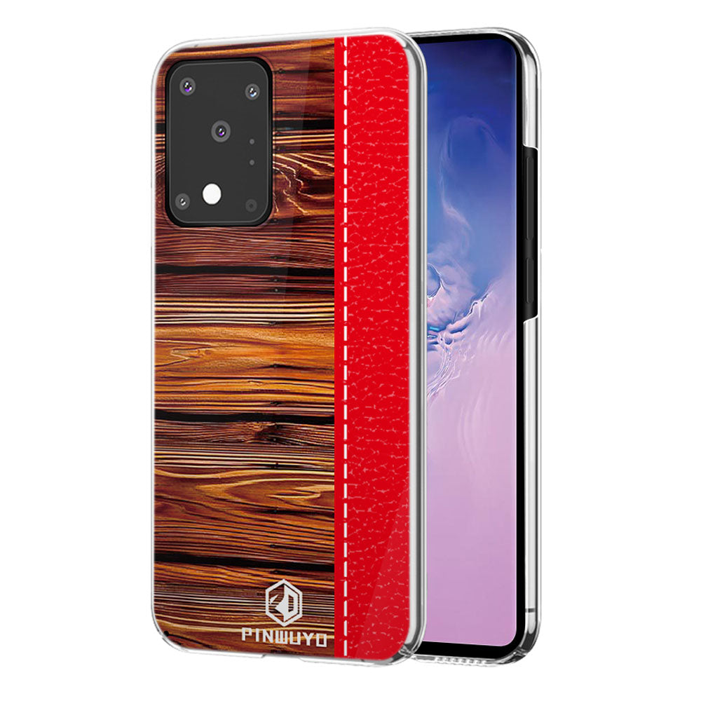 PINWUYO Pin Dun Series Wood Grain Splicing Hard PC Phone Back Case Protector for Samsung Galaxy S20 Ultra - Red