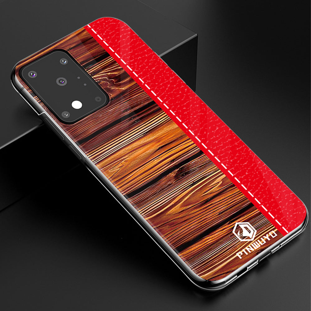 PINWUYO Pin Dun Series Wood Grain Splicing Hard PC Phone Back Case Protector for Samsung Galaxy S20 Ultra - Red