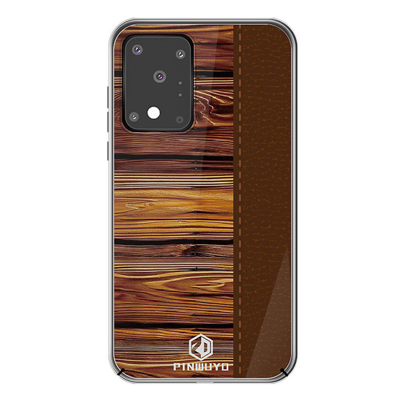 PINWUYO Pin Dun Series Wood Grain Splicing Hard PC Phone Back Case Protector for Samsung Galaxy S20 Ultra - Brown