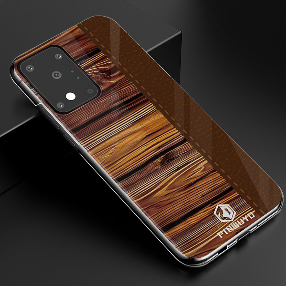 PINWUYO Pin Dun Series Wood Grain Splicing Hard PC Phone Back Case Protector for Samsung Galaxy S20 Ultra - Brown