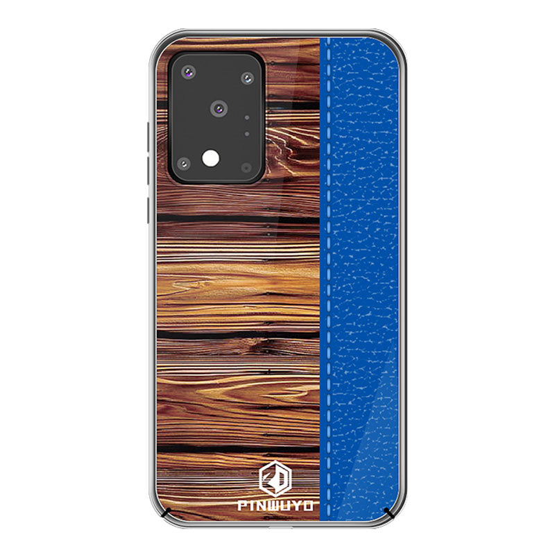 PINWUYO Pin Dun Series Wood Grain Splicing Hard PC Phone Back Case Protector for Samsung Galaxy S20 Ultra - Blue