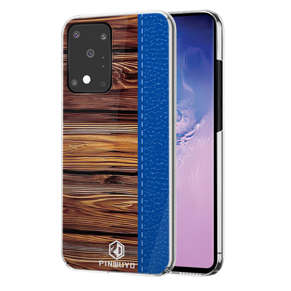 PINWUYO Pin Dun Series Wood Grain Splicing Hard PC Phone Back Case Protector for Samsung Galaxy S20 Ultra - Blue