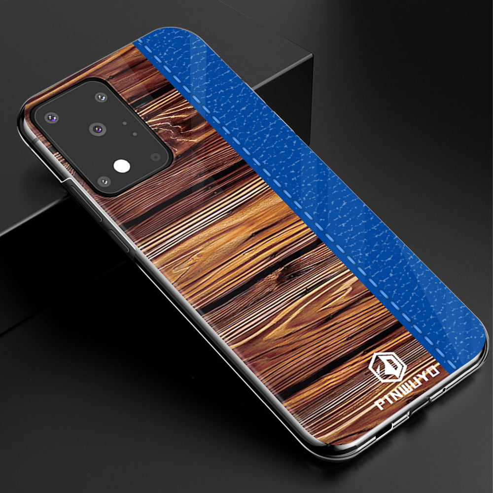 PINWUYO Pin Dun Series Wood Grain Splicing Hard PC Phone Back Case Protector for Samsung Galaxy S20 Ultra - Blue