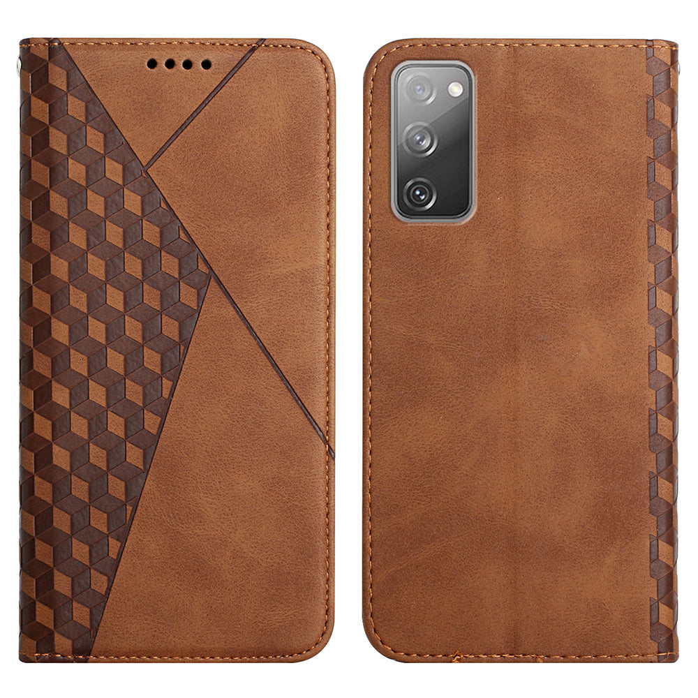 Rhombus Pattern Skin-touch Feel Magnetic Closure Leather Phone Case Cover for Samsung Galaxy S20 FE 2022/S20 FE 4G/S20 FE 5G/S20 Lite - Brown