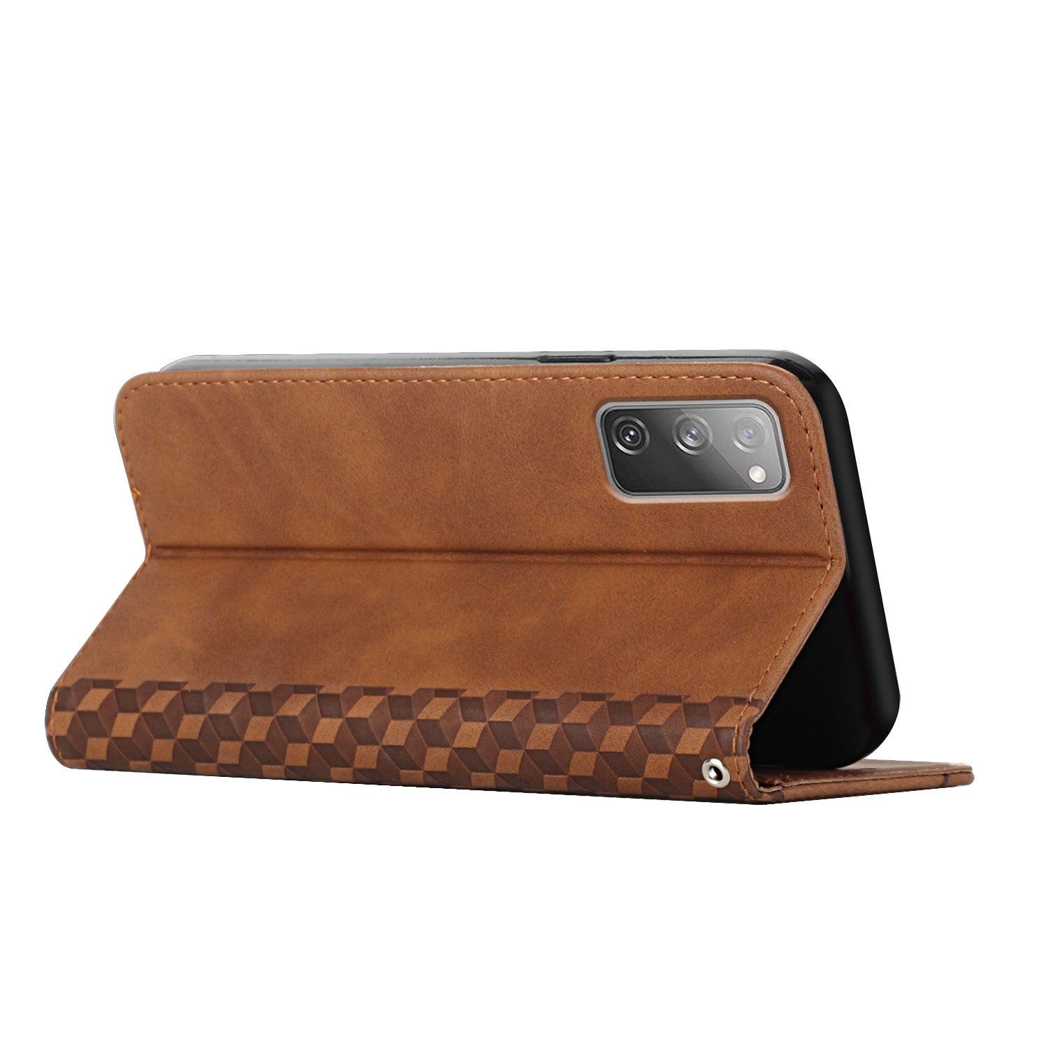 Rhombus Pattern Skin-touch Feel Magnetic Closure Leather Phone Case Cover for Samsung Galaxy S20 FE 2022/S20 FE 4G/S20 FE 5G/S20 Lite - Brown