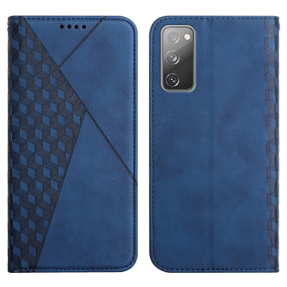 Rhombus Pattern Skin-touch Feel Magnetic Closure Leather Phone Case Cover for Samsung Galaxy S20 FE 2022/S20 FE 4G/S20 FE 5G/S20 Lite - Blue