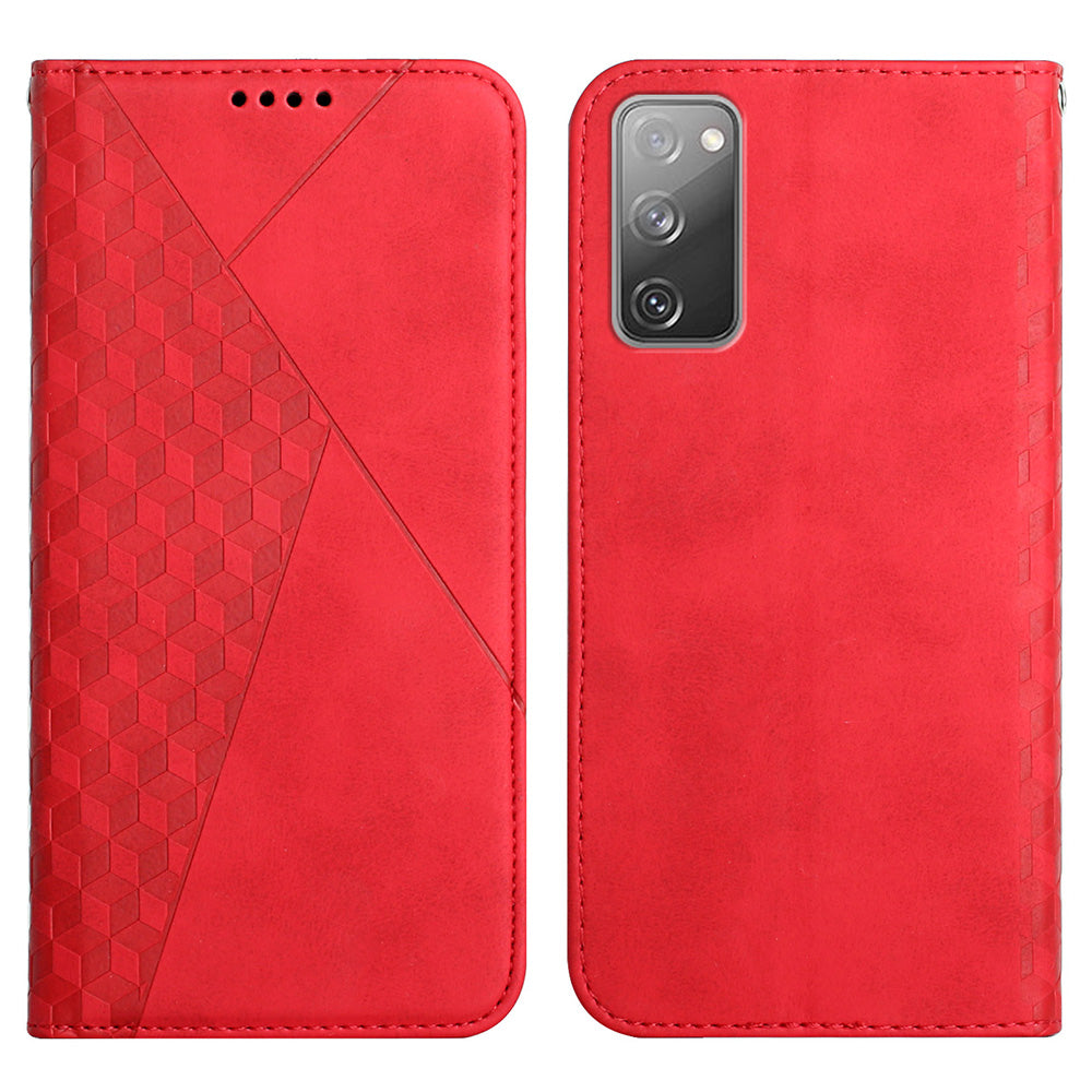 Rhombus Pattern Skin-touch Feel Magnetic Closure Leather Phone Case Cover for Samsung Galaxy S20 FE 2022/S20 FE 4G/S20 FE 5G/S20 Lite - Red