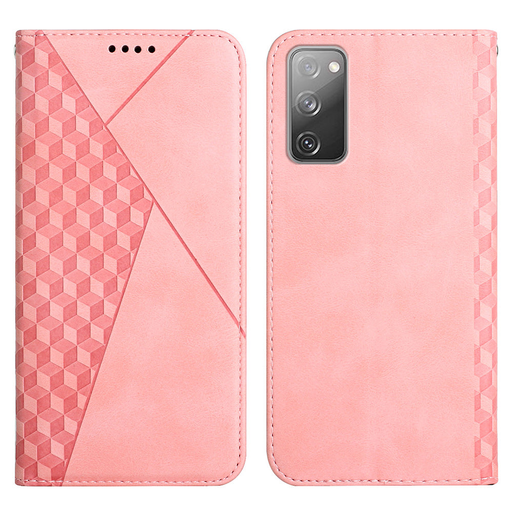 Rhombus Pattern Skin-touch Feel Magnetic Closure Leather Phone Case Cover for Samsung Galaxy S20 FE 2022/S20 FE 4G/S20 FE 5G/S20 Lite - Rose Gold