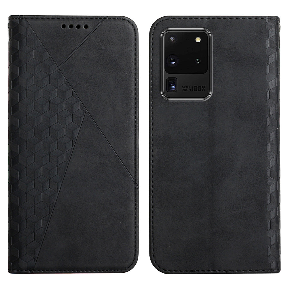 Skin-touch Feel Geometric Pattern Magnetic Absorption Leather Case Stand Wallet Shell for Samsung Galaxy S20 Ultra - Black