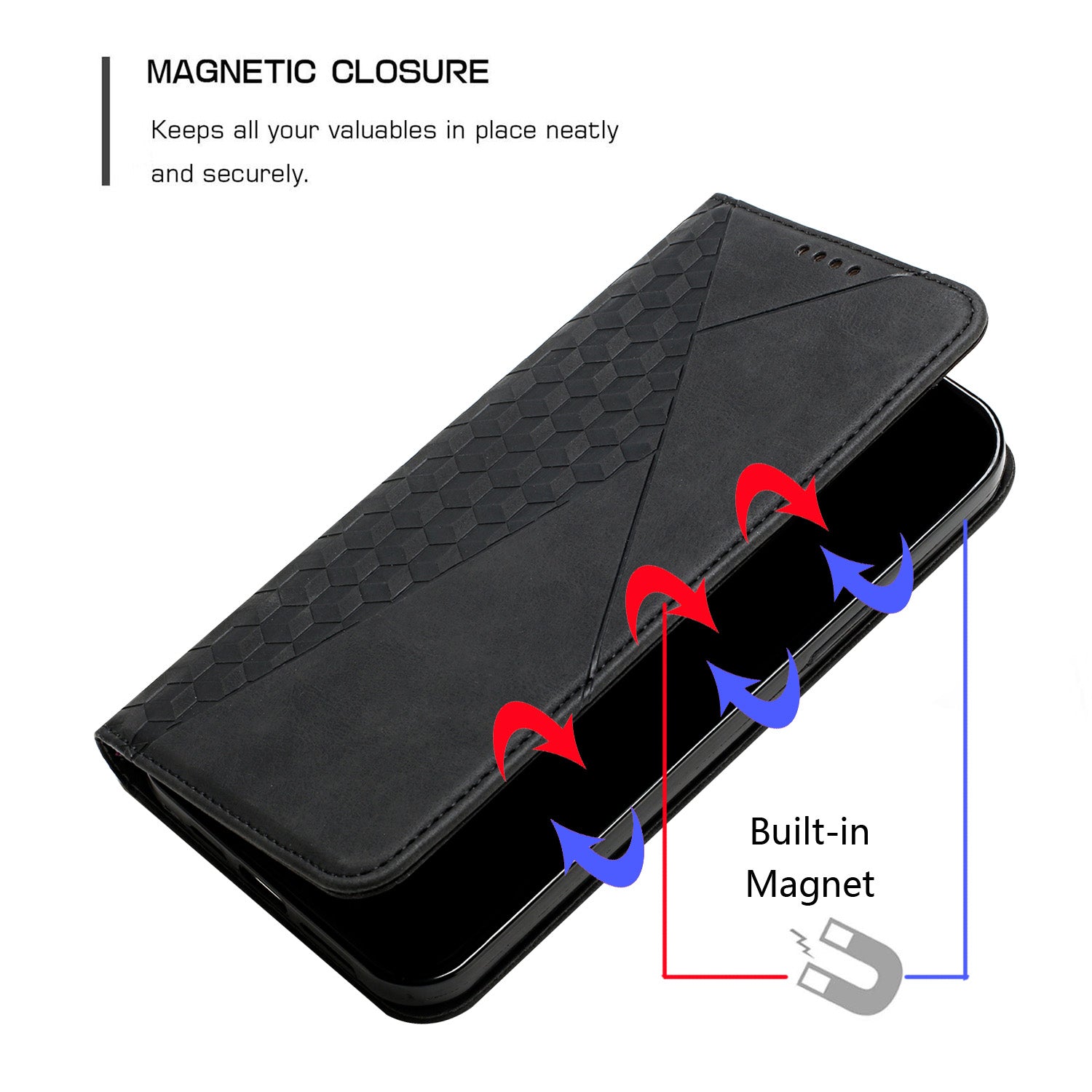 Skin-touch Feel Geometric Pattern Magnetic Absorption Leather Case Stand Wallet Shell for Samsung Galaxy S20 Ultra - Black