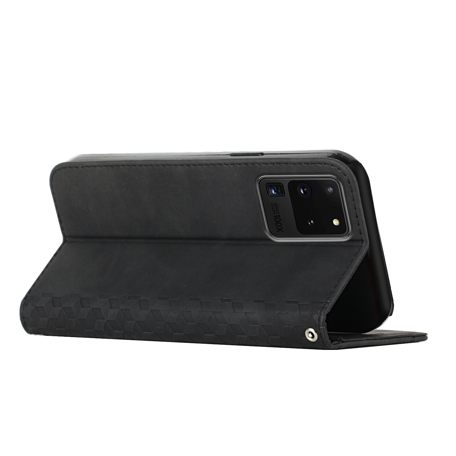 Skin-touch Feel Geometric Pattern Magnetic Absorption Leather Case Stand Wallet Shell for Samsung Galaxy S20 Ultra - Black