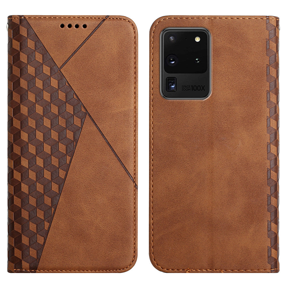 Skin-touch Feel Geometric Pattern Magnetic Absorption Leather Case Stand Wallet Shell for Samsung Galaxy S20 Ultra - Brown