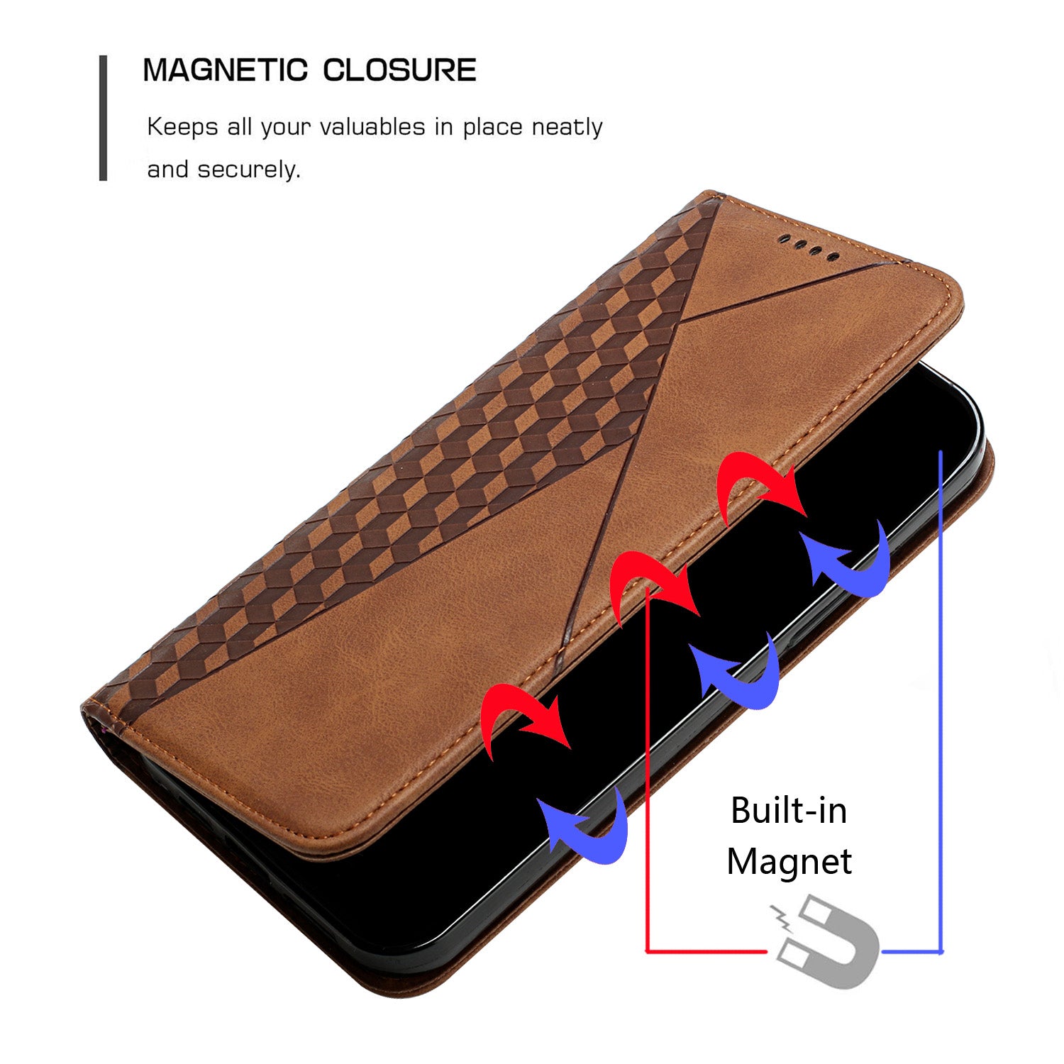 Skin-touch Feel Geometric Pattern Magnetic Absorption Leather Case Stand Wallet Shell for Samsung Galaxy S20 Ultra - Brown